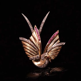 8K GOLD RUBY DIAMOND BIRD OF PARADISE BROOCH