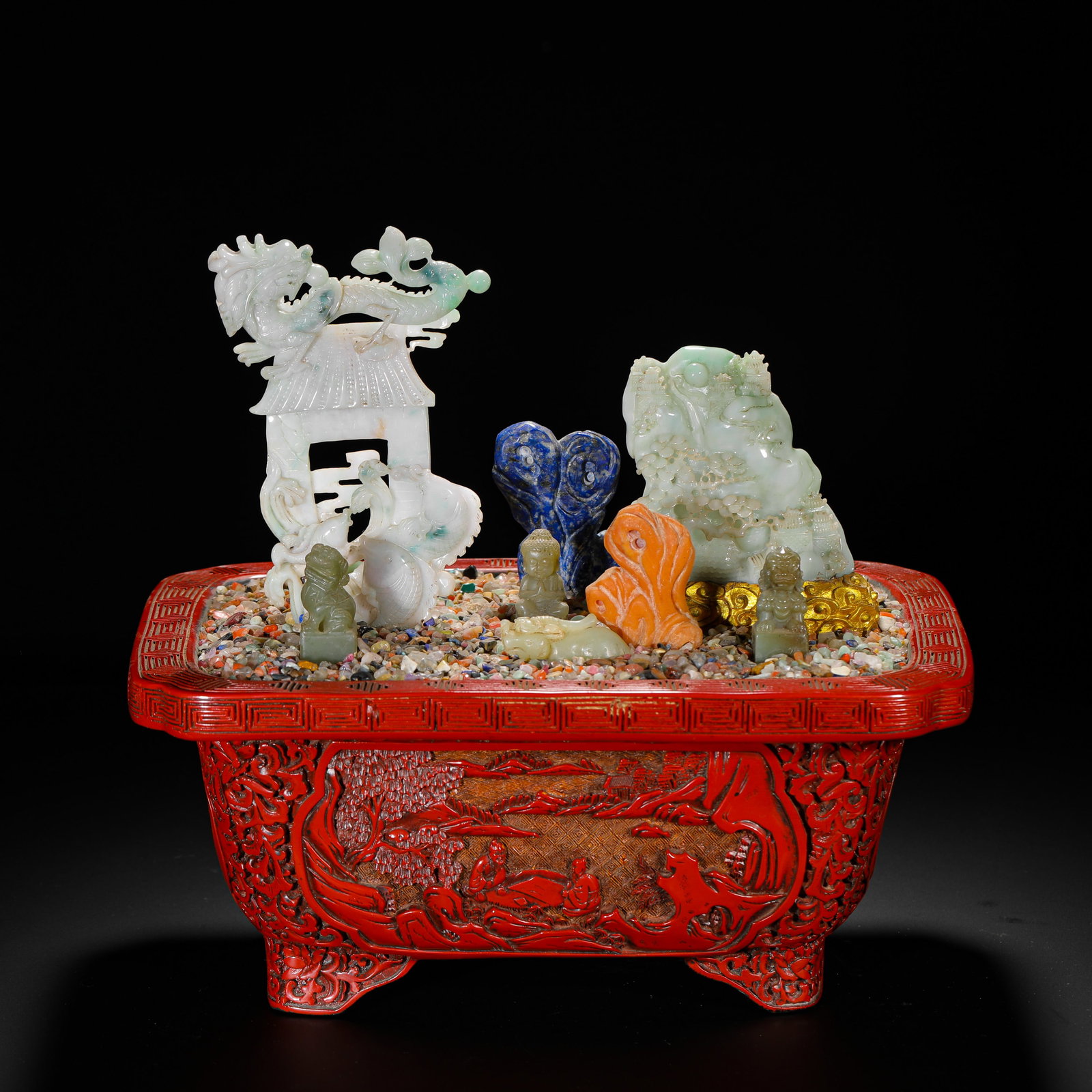 QING DYNASTY LACQUERED HUNDRED TREASURES INLAID WITH "CARP LEAPING OVER THE DRAGON GATE" BONSAI: H:28cmW:31cmWeight:3800gAn imperial Qing Dynasty bonsai with a carved cinnabar lacquer basin, adorned with jade, lapis lazuli, and other stones depicting "Carp Leaping the Dragon Gate", symbolizing ad