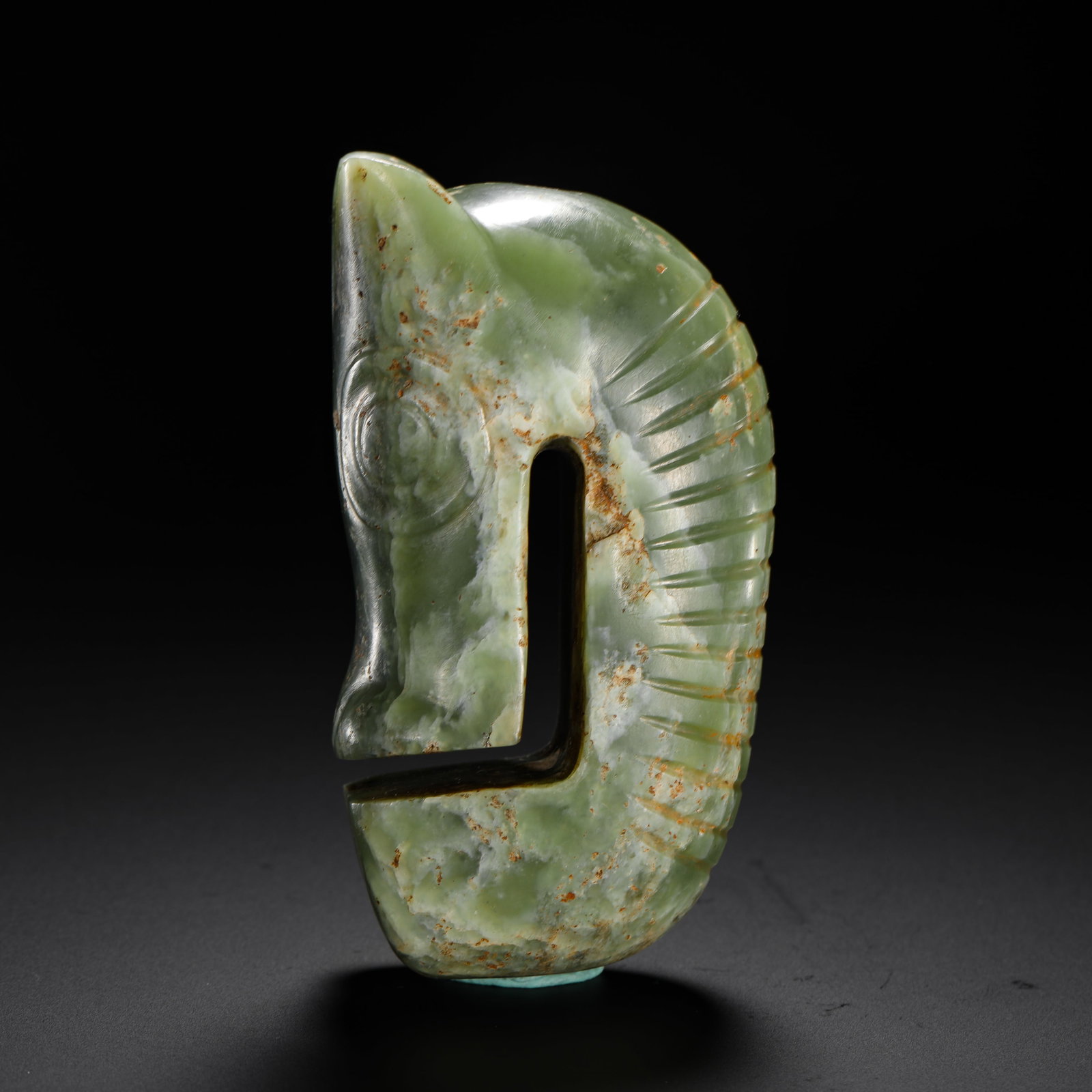 RED MOUNTAIN CULTURE JADE PIG DRAGON: H:10cmW:5.5cmWeight:310g A typical Hongshan pig dragon carved from yellowish green jade with carved mane lines, a core ancient ritual jade for worship