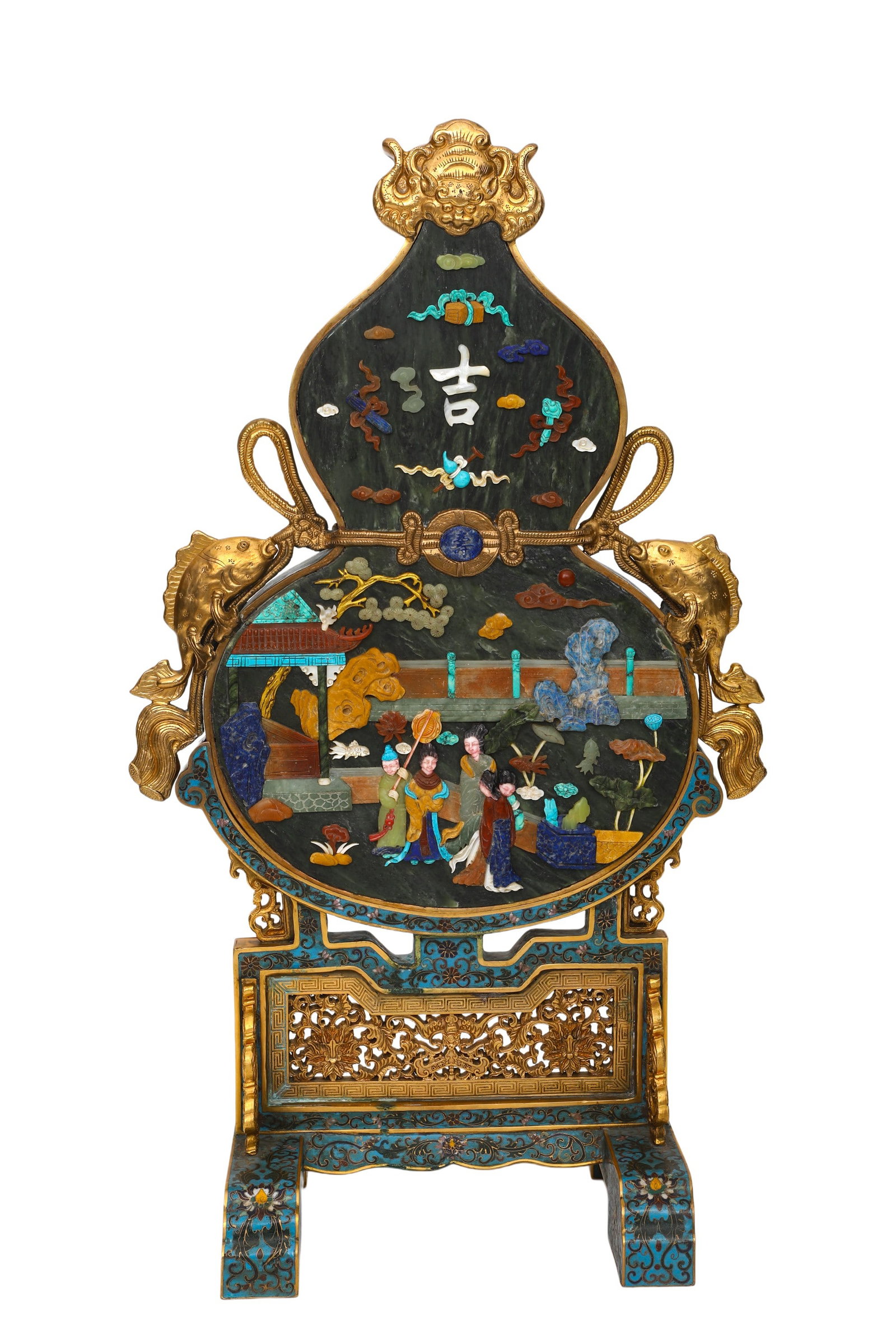 BRONZE CLOISONNE ENAMEL GILT WITH A HUNDRED TREASURES "GREAT FORTUNE" GOURD-SHAPED SCREEN FROM THE: H:70cm (27.56in) W:40cm (15.75in) Weight:9790g (21.58lb)This is a gourd-shaped table screen in the Qing Dynasty palace style. The base is crafted using the cloisonné technique, decorated with scrolli