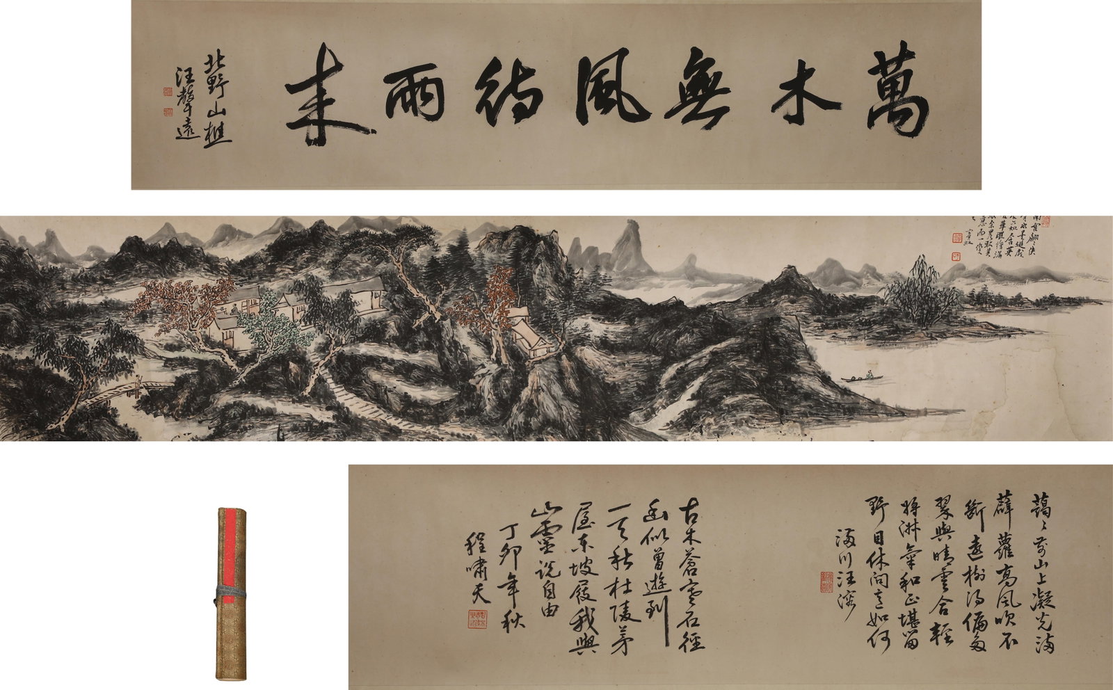 A LONG SCROLL OF INK LANDSCAPE PAINTING: L:300cm (118.11in) W:33cm (12.99in)This ink landscape long scroll on paper is a modern artwork with original patterned silk brocade mounting and woven ribbon tie. The frontispiece bearing the scroll��
