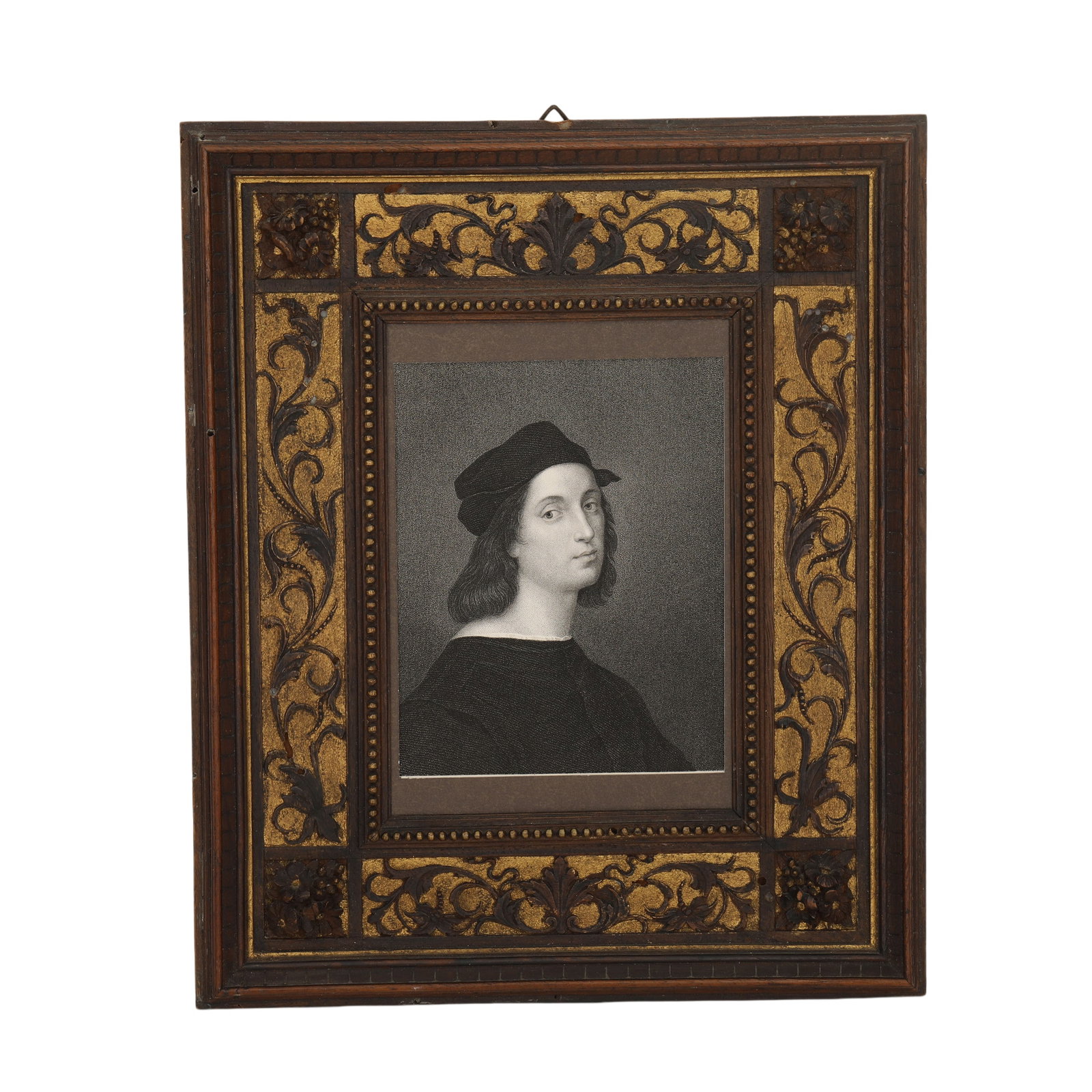 A COPPERPLATE REPRINT OF RAPHAEL'S SELF-PORTRAIT: H:12cm (4.72in) W:9cm (3.54in) H:25cm (9.84in) W:21cm (8.27in)The frame's style belongs to the late 19th-century retro decorative aesthetic, clearly drawing design inspiration from Renaissance ornamen