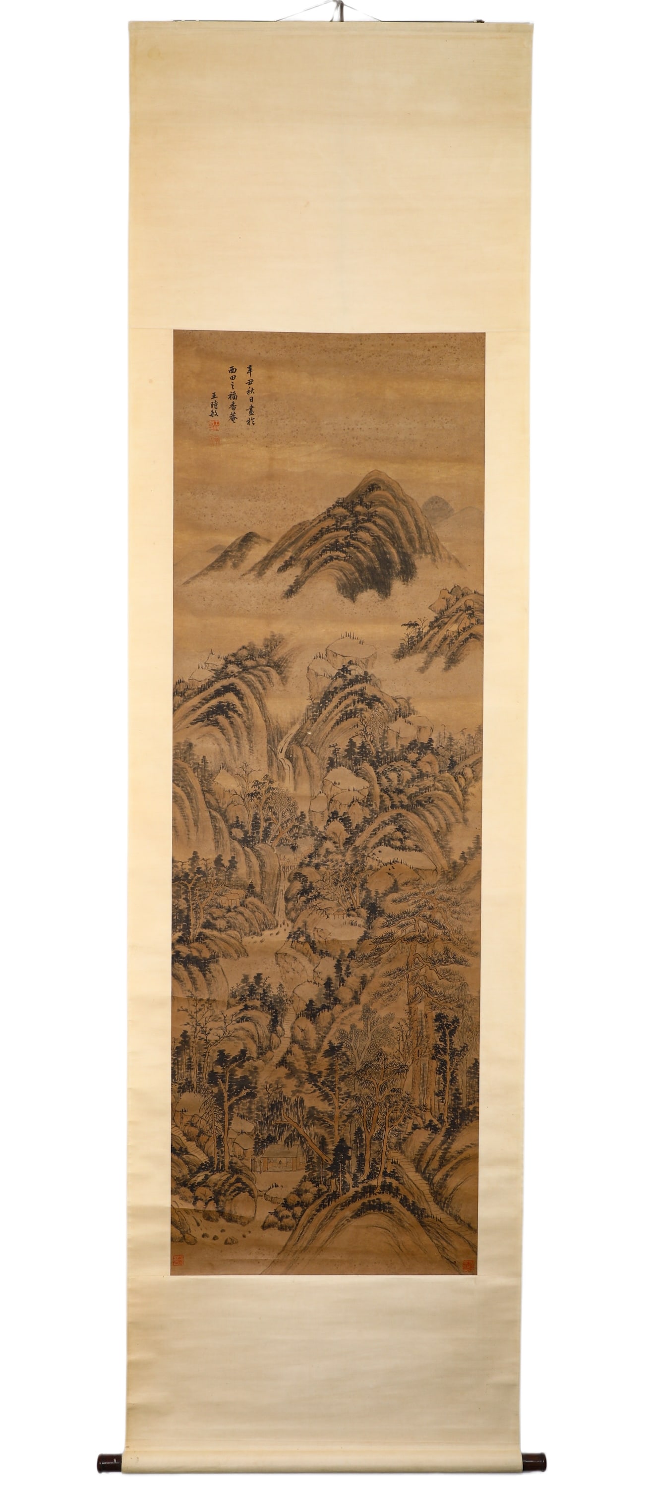 QING DYNASTY WANG SHIMIN (1592-1686) INK LANDSCAPE ANCIENT PAPER VERTICAL SCROLL: H:180cm (70.87in) W:59cm (23.23in)Aged ink landscape vertical scroll on old paper with vintage mounting, representative of orthodox literati landscape painting of Qing Dynasty. Layers of hemp-fiber te