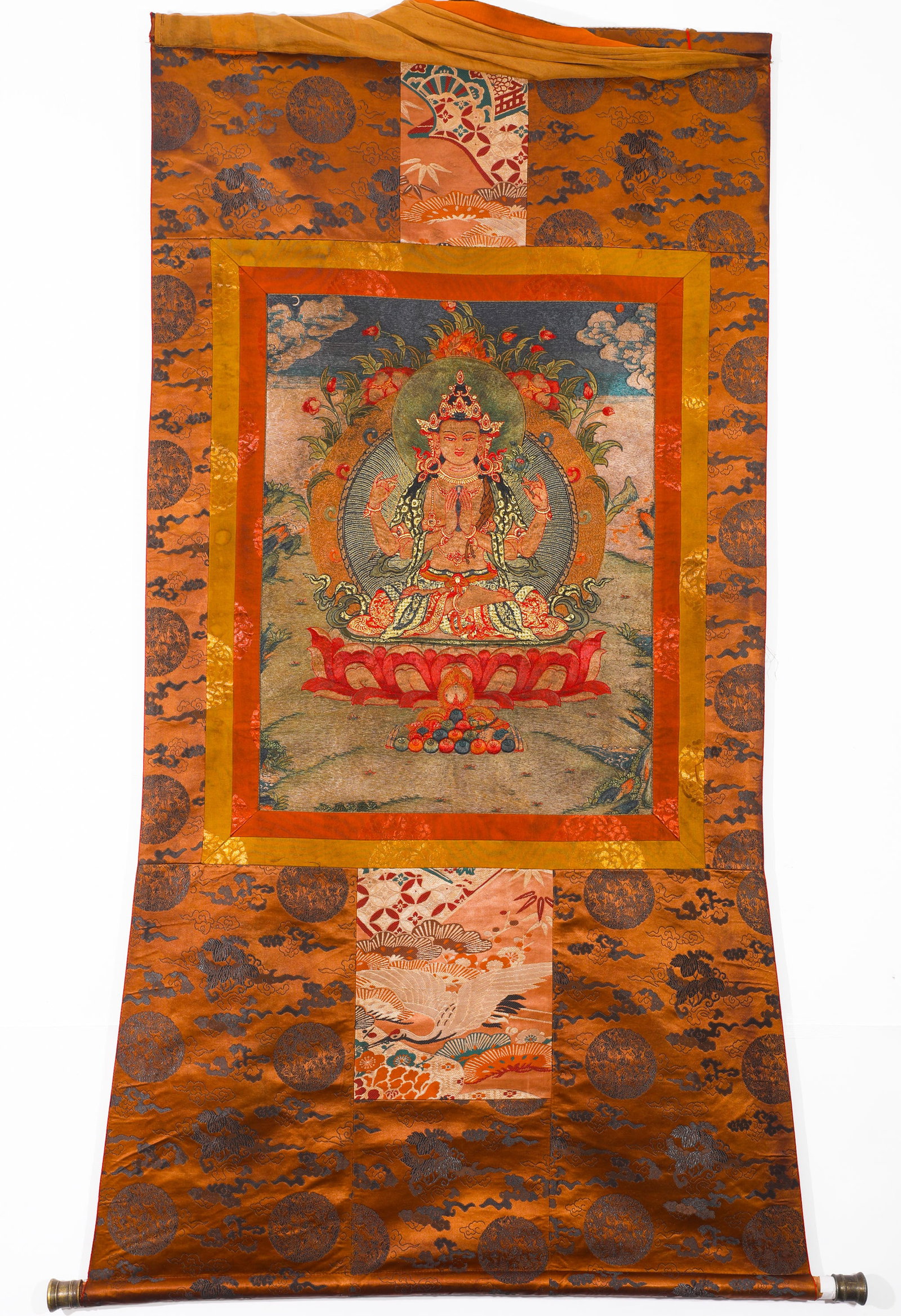 QING DYNASTY BROCADE FOUR-ARMED GUANYIN THANGKA (1 of 9)