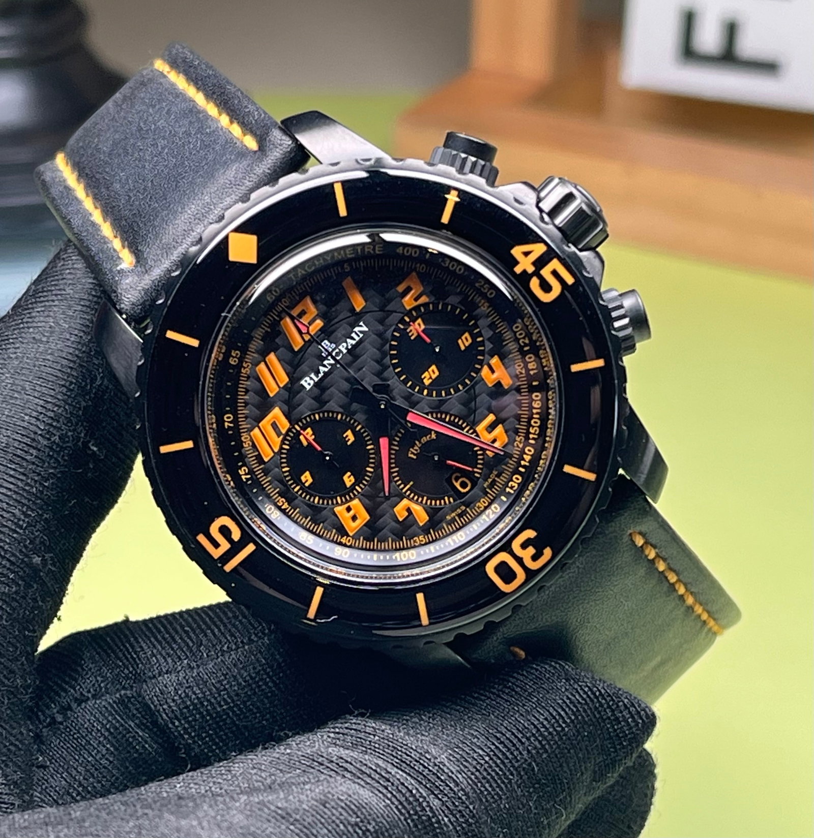 BLANCPAIN FIFTY SERIES WATCH: Automatic mechanical movement with 40-hour power reserve, 45 mm satin-finished case, black carbon fiber dial, complete with chronograph and flyback functions, sapphire crystal glass, water-resistant