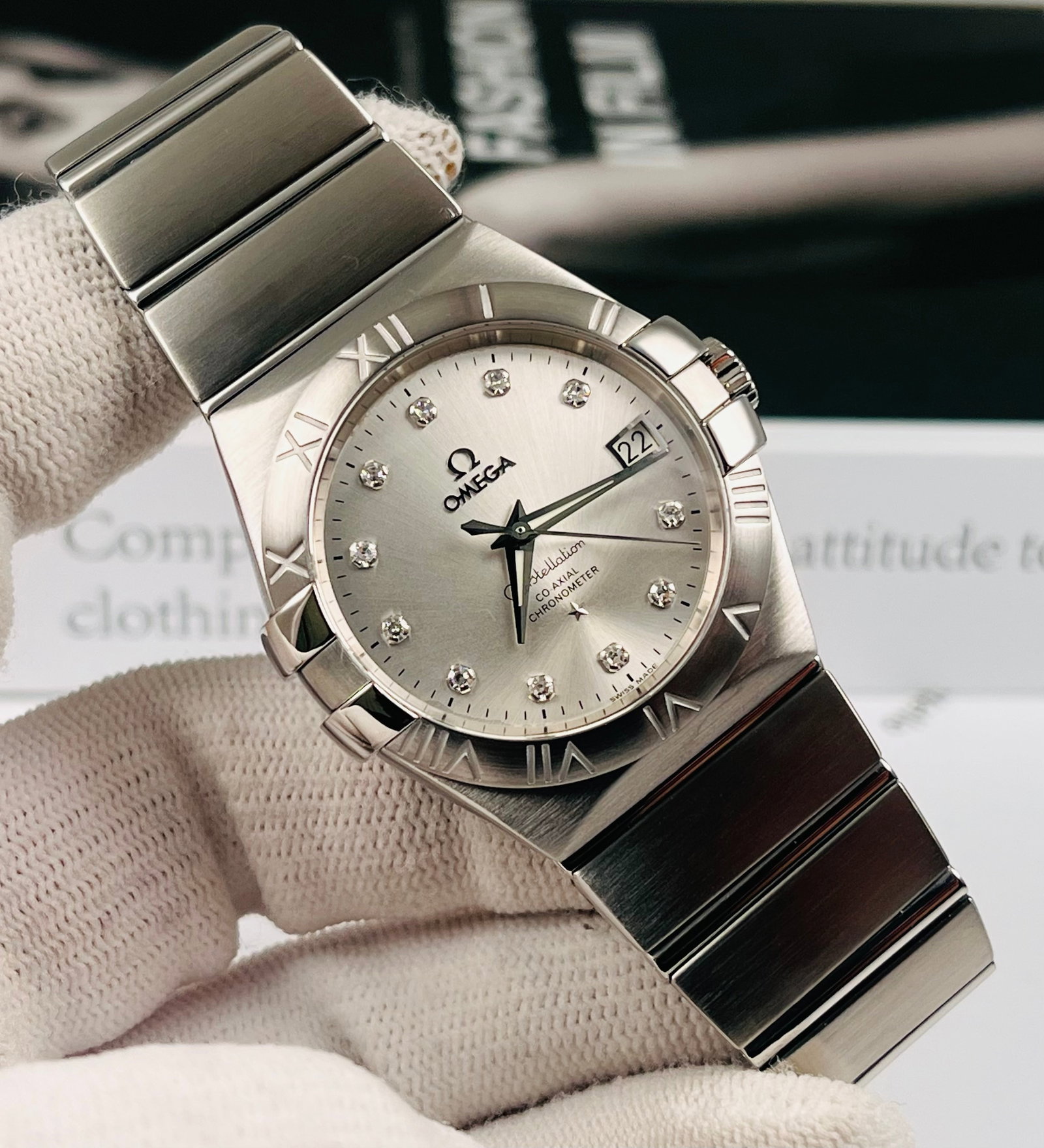 OMEGA CONSTELLATION WATCHES: Omega Constellation Men's Watch, powered by the 2500 coaxial automatic mechanical movement, 35 mm case diameter, stainless steel case with silver diamond-set dial and Roman numeral bezel
