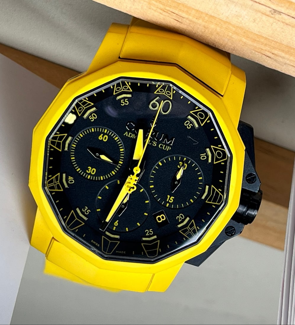 KUNLUN ADMIRAL'S CUP COLLECTION WATCHES: Kunlun Admiral Cup Chronograph Watch with Automatic Mechanical Movement, 47mm Yellow PVD Titanium Case, Black Three-Register Chronograph Dial, Rubber Strap