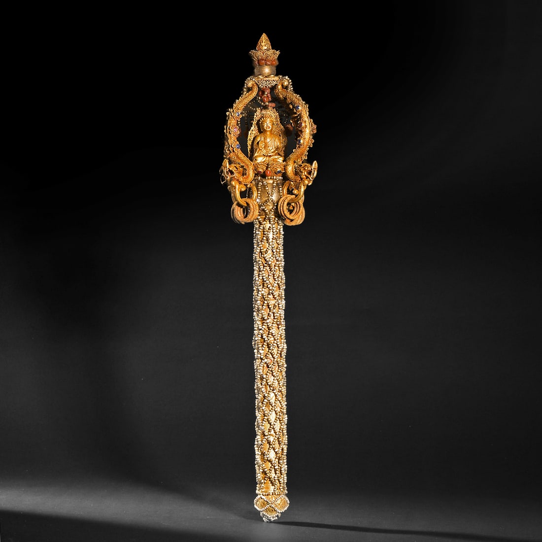 GOLD BUDDHA'S STAFF BEFORE THE MING DYNASTY: H46cm W9cm Weight671g
