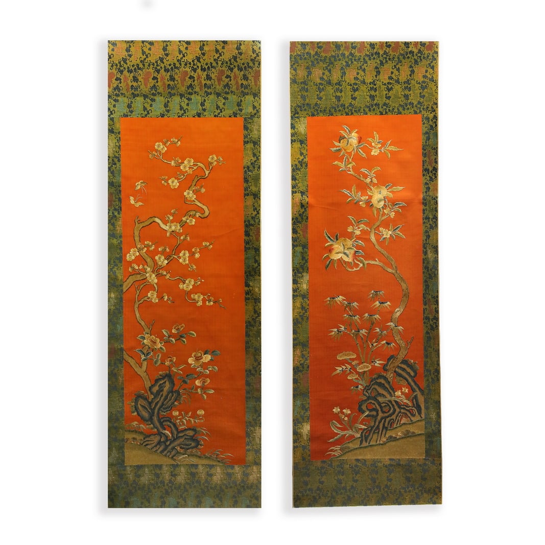 EMBROIDERY OF PLUM BLOSSOMS AND LONGEVITY PEACHES ON SILK FROM THE QING DYNASTY: H182cm W58cm