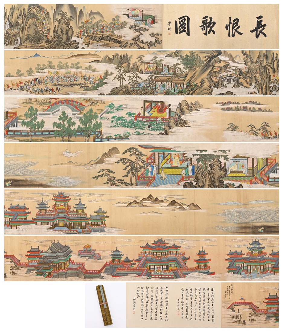 ZHANG DAQIAN (1899-1983) COPIED THE SCROLL OF THE SONG OF EVERLASTING REGRET: Long:1909cm(751.57in) Width:53.5cm(21.06in)Color painting on silk. The frontispiece bears calligraphy title "Picture of Song of Everlasting Sorrow". Following the narrative of Bai Juyi’s famous poem