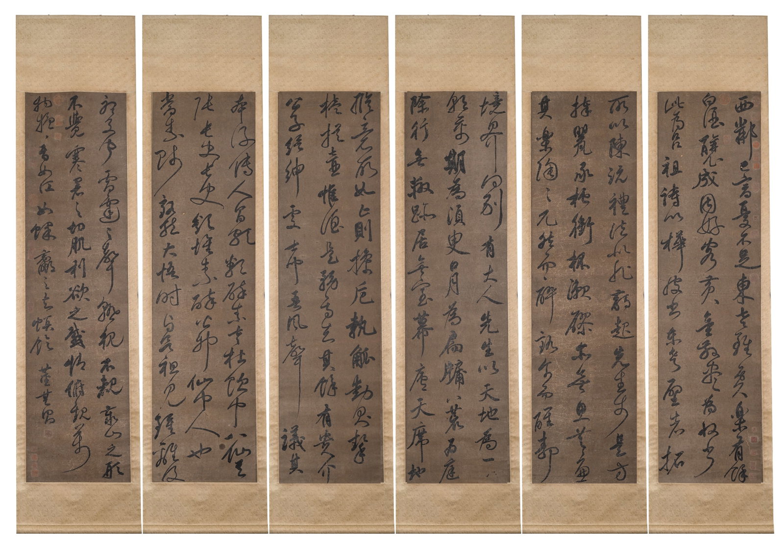SIX SCREENS OF CALLIGRAPHY BY DONG QICHANG (1555-1636) OF THE MING DYNASTY: Height:178cm(70.08in) Width:45cm(17.72in)Six-panel cursive calligraphy screen on paper by Dong Qichang of Ming Dynasty. Wild cursive script recording ancient prose, continuous unrestrained brush strok