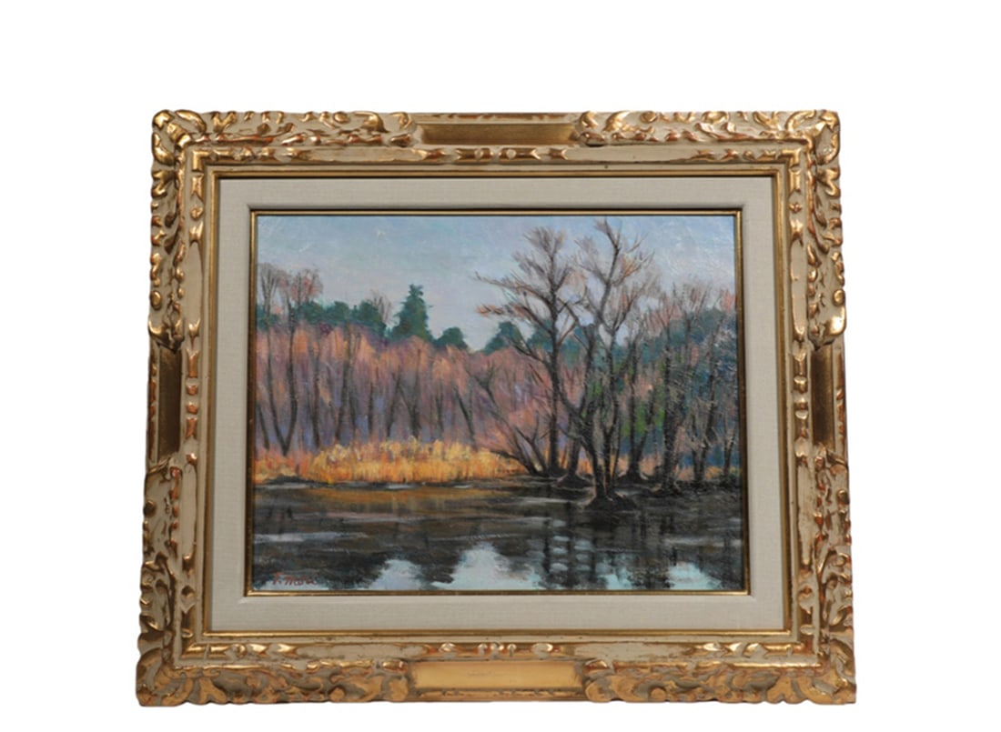 JAPAN POND, T. MORI (JAPAN),ATTRIBUTED TO,OIL ON CANVAS, ORIGINAL PERIOD FRAME