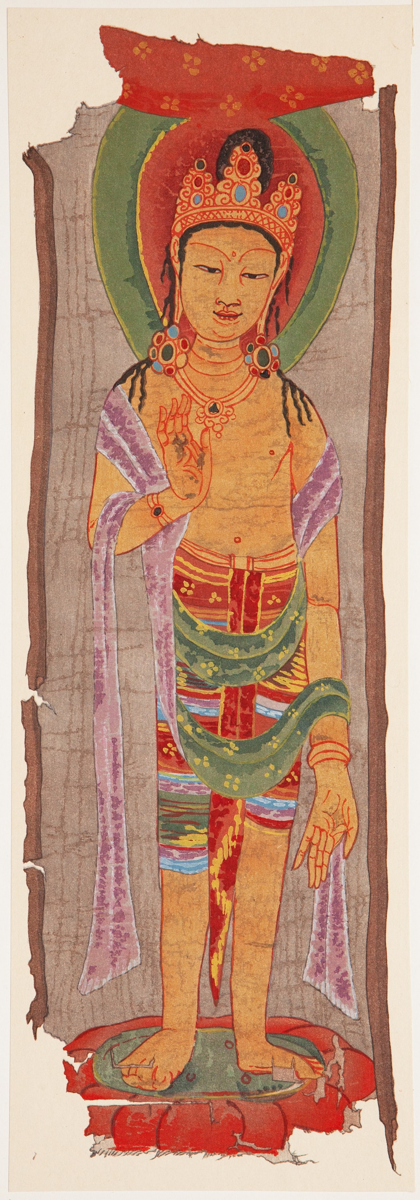 WOODBLOCK WATERPRINT OF THE NIPOLO-STYLE BODHISATTVA BANNER IN THE THOUSAND BUDDHA CAVES OF DUNHUANG: 35cm×12cm (13.78in × 4.72in)