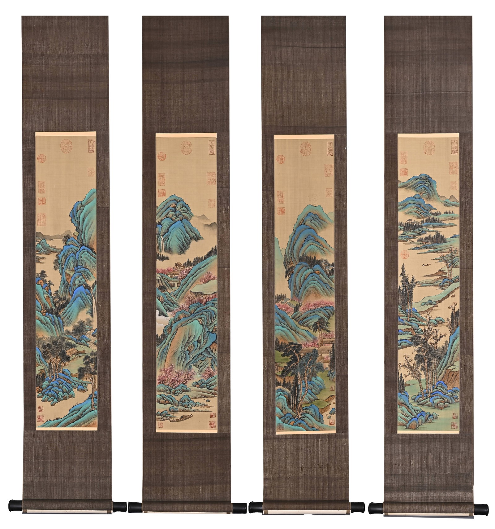 FOUR ANCIENT SILK SCREEN PAINTINGS OF GREEN AND BLUE LANDSCAPE BY QIU YING OF THE MING DYNASTY (C.: Height:140cm(55.12in) Width:20cm(7.87in)Four-panel landscape scroll on antique silk attributed to Qiu Ying of Ming Dynasty. Light green mountain paintings on aged silk, depicting layered peaks, cloud 