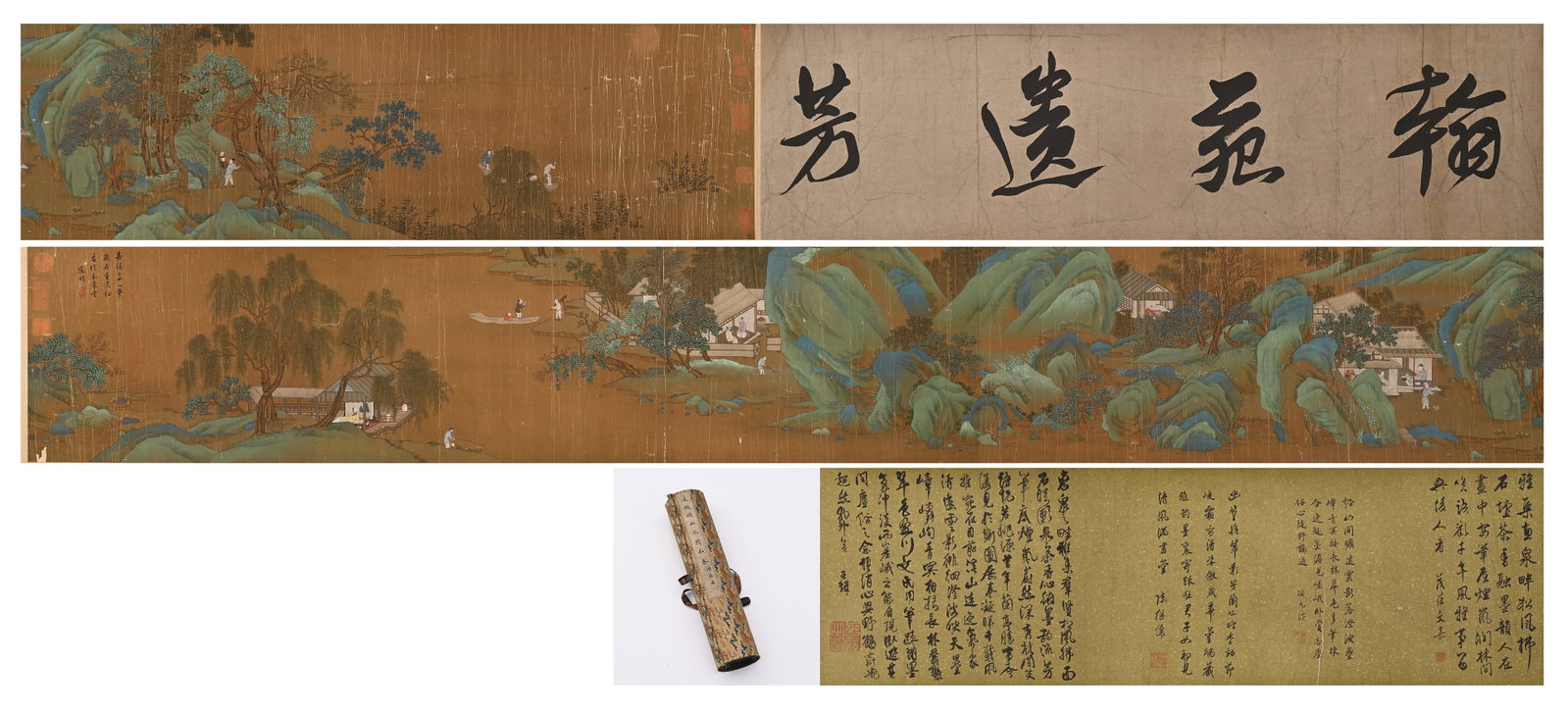 MING WEN ZHENG MING (1470-1559) GREEN AND BLUE LANDSCAPE ANCIENT SILK HAND SCROLL: Long:565cm(222.44in) Width:33cm(12.99in)Handscroll landscape on antique silk by Wen Zhengming of Ming Dynasty. Woven brocade wrapped scroll with header large characters "Flowing Clouds and Running Wat