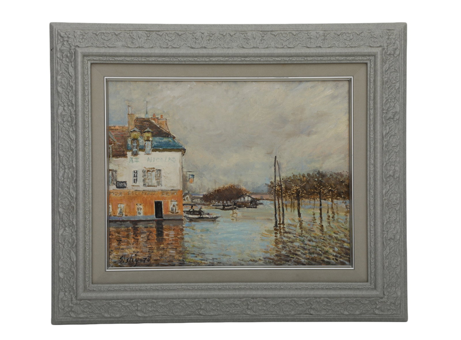 STYLE OF ALFRED SISLEY (BRITISH-FRANCE1839–1899),OIL PAINTING, ORIGINAL PERIOD FRAME: Height:32cm(12.60in) Width:40cm(15.75in)?Height:50cm(19.69in) Width:58cm(22.83in)The work retains original canvas and period frame with natural signs of age. The painting surface is clean and stable, 