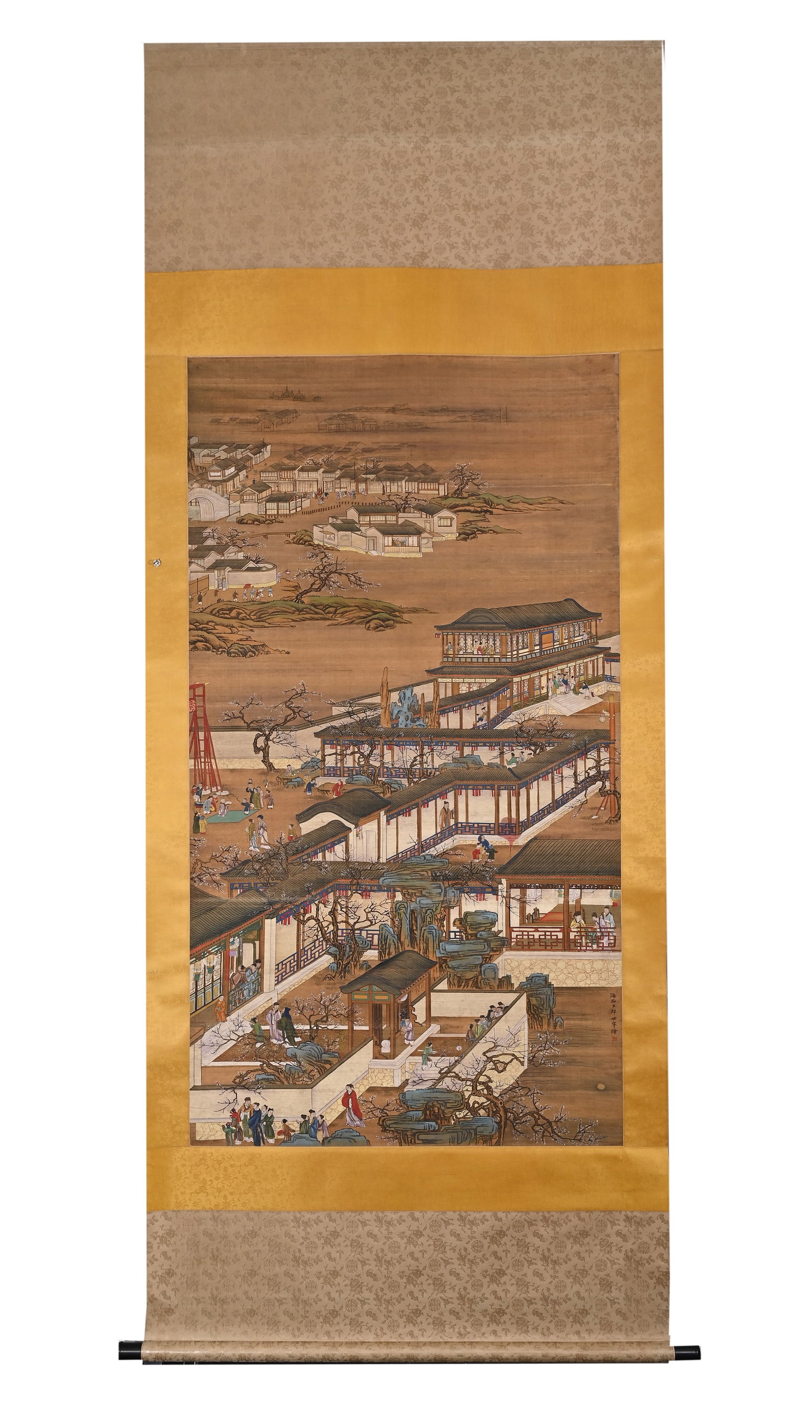 LANG SHINING OF THE QING DYNASTY (1688-1766) SILK SCROLL DEPICTING FIGURES IN THE COURTYARD OF OUR: Height:170cm(66.93in) Width:92cm(36.22in)Silk palace courtyard figure vertical painting by Giuseppe Castiglione (Lang Shining), panoramic royal garden scene with rockery, plum blossoms and ancient lad