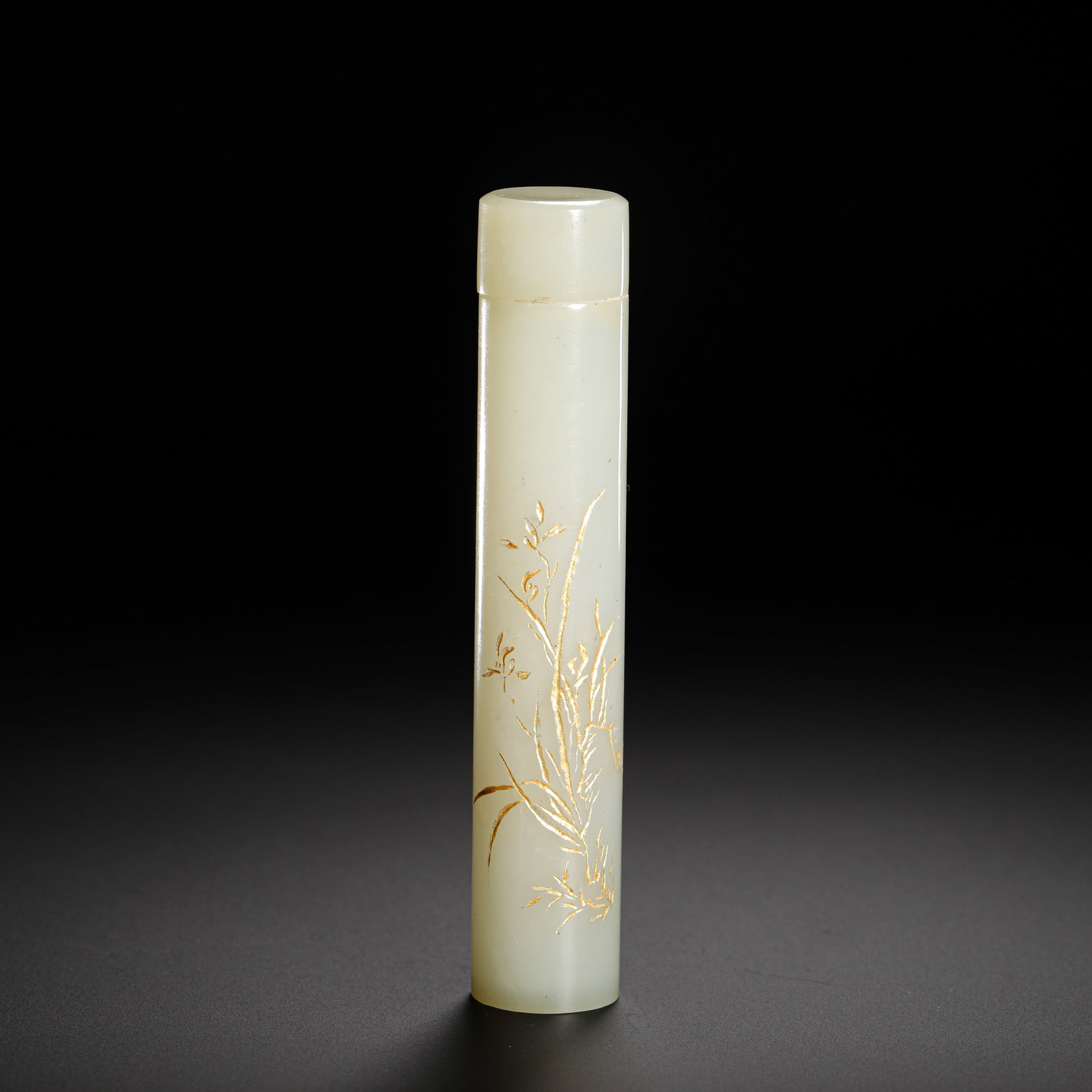 QING DYNASTY HETIAN JADE PORTABLE INCENSE TUBE: Height:11cm(4.33in) Width:2cm(0.79in) Weight:30g(0.07lb)Hetian white jade split incense tube with gilded orchid and poem carving, Qing Dynasty.Consists of main tube and matching jade lid, smooth fine 