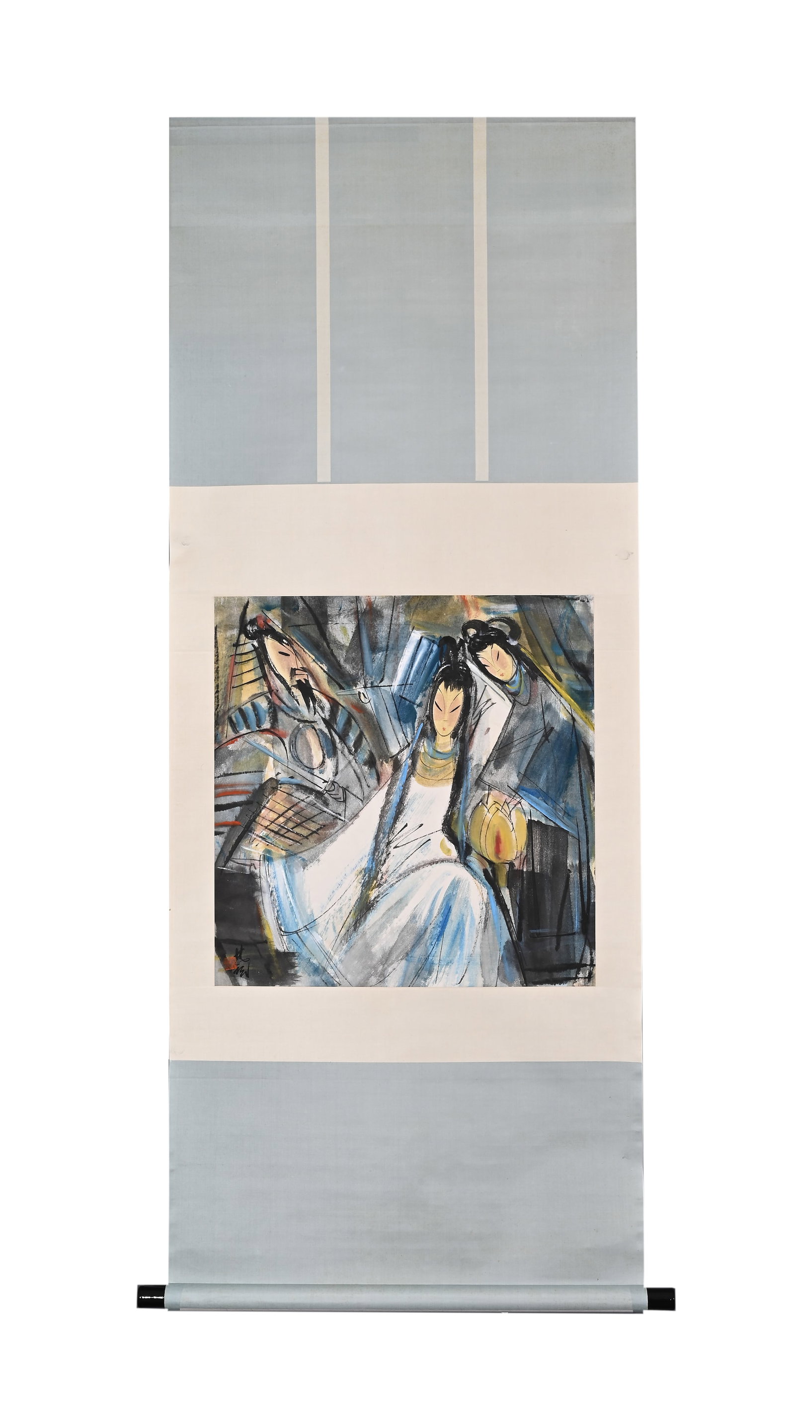 LIN FENGMIAN (1900-1991) COLOR INK OPERA CHARACTER STANDING SCROLL