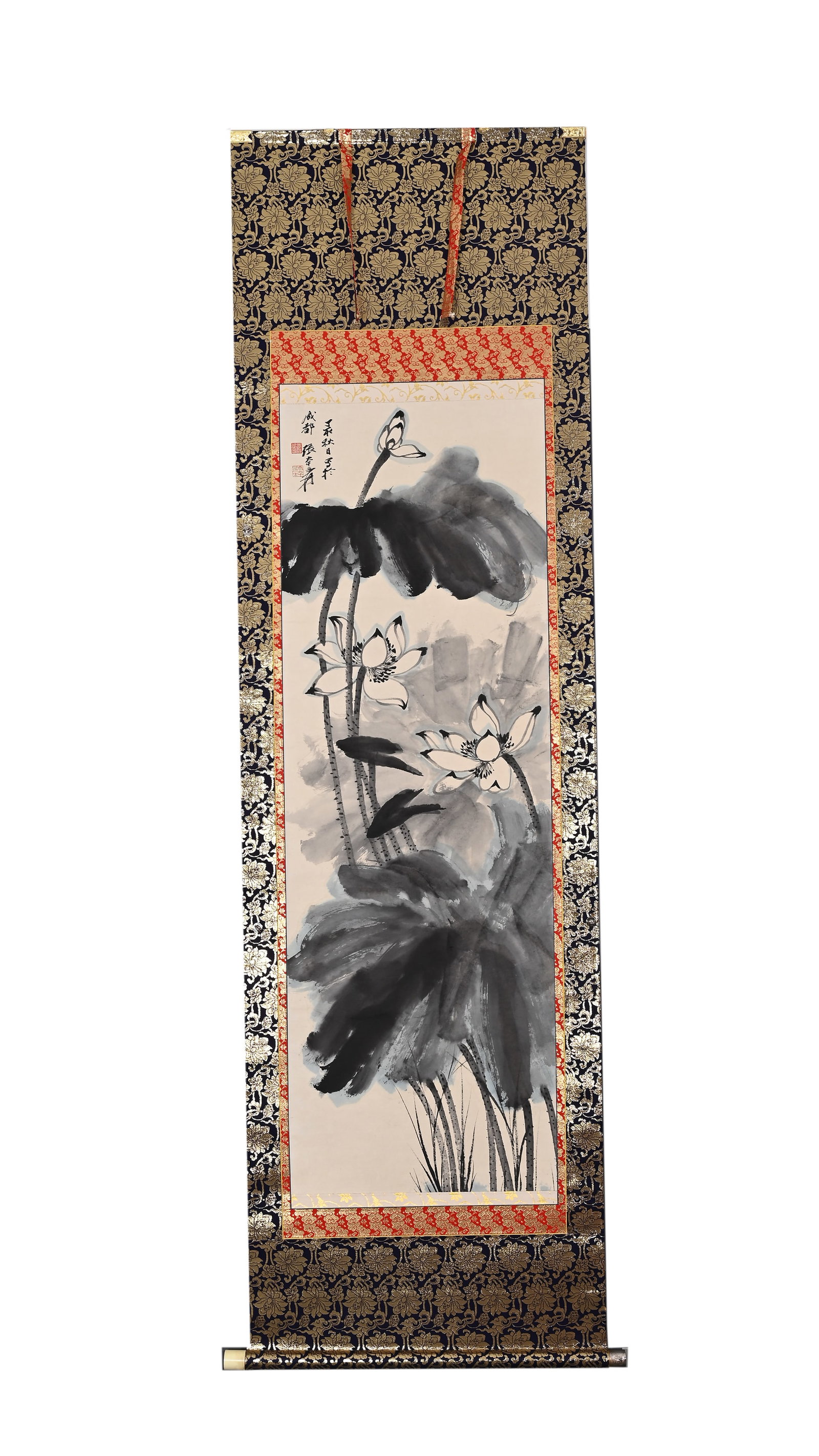 ZHANG DAQIAN (1899-1983) WATERCOLOR LOTUS STANDING SCROLL