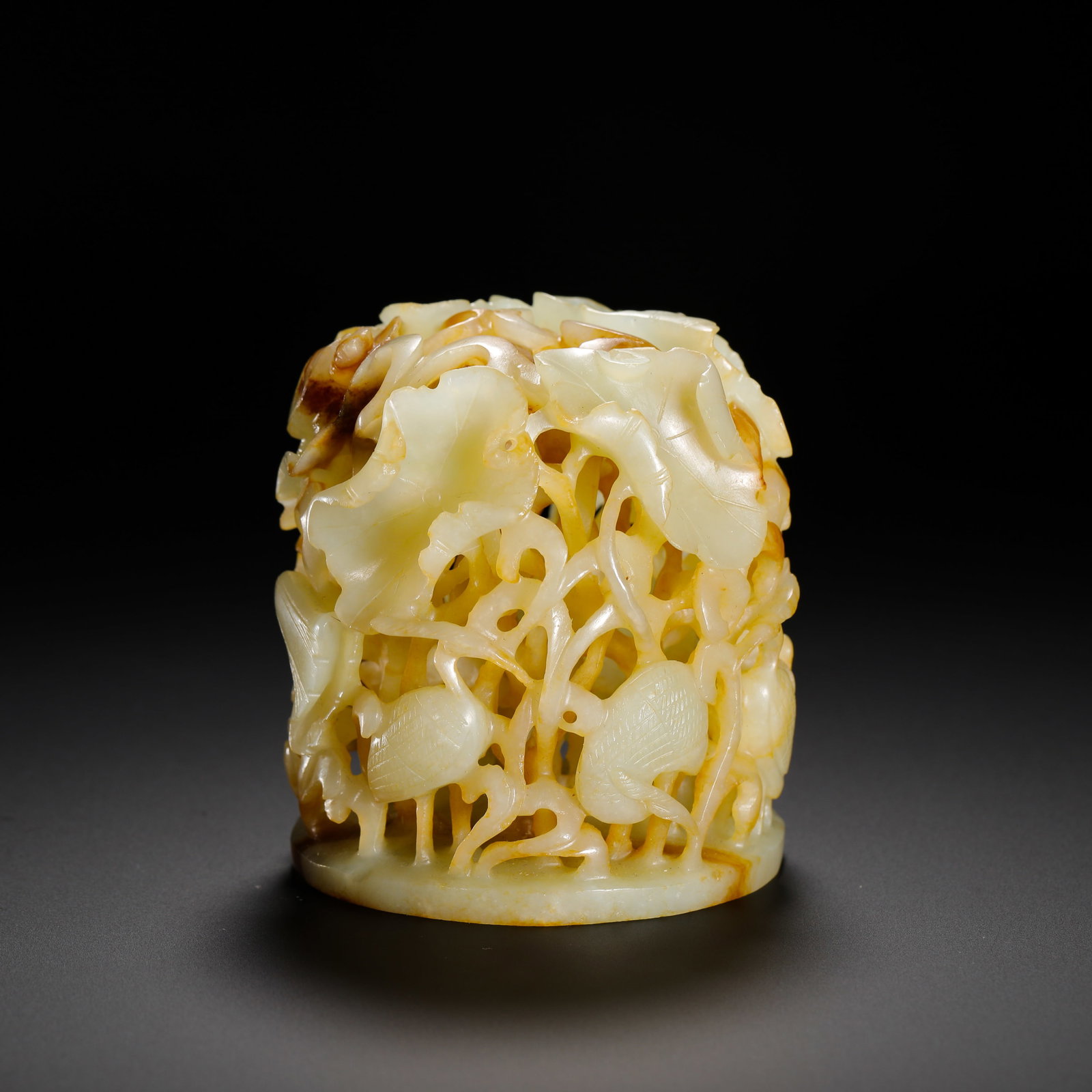 HETIAN JADE FURNACE TOPS OF THE QING DYNASTY: Height:7.5cm(2.95in) Width:6.5cm(2.56in) Weight:210g(0.46lb)Hetian white jade openwork censer finial with egret and lotus motif, Qing Dynasty.Carved from a single jade block with multi-layer hollow re