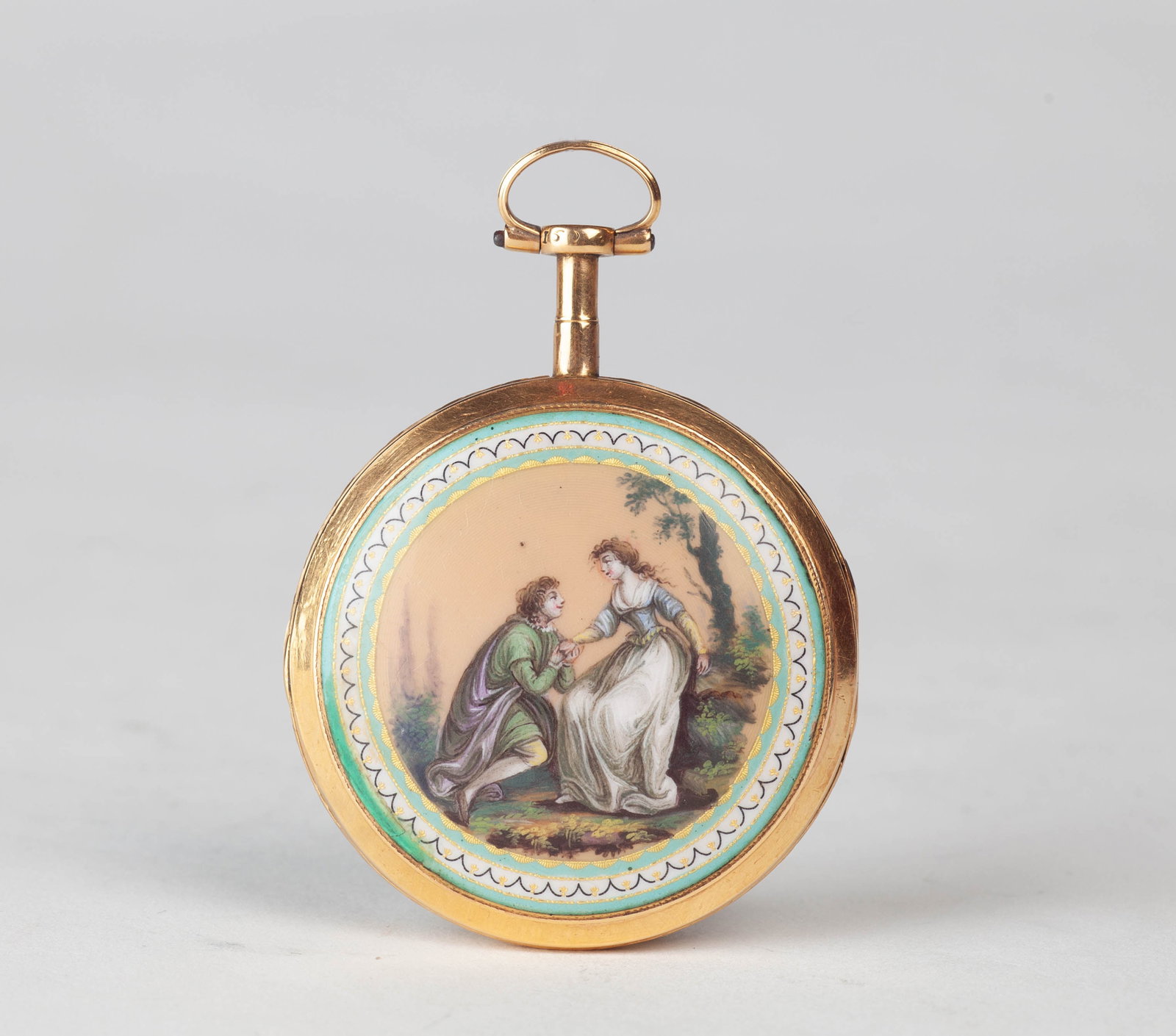18k gold pocket watch with enamel painting of French romantic scenes, 1780, France: Dimensions: Diameter 47mmRemarks: Keys included, with a certification of inspectionDescription: The pocket watch features a white enamel dial with twelve black Arabic numerals, a dial signature, a