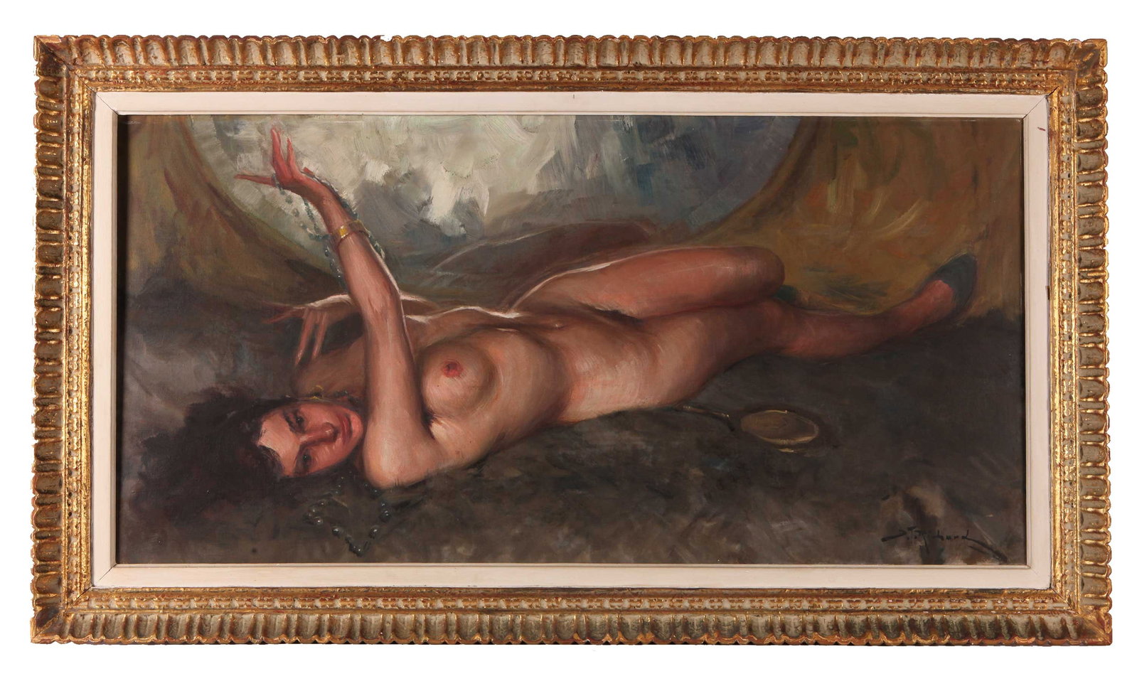 Canvas oil painting of a nude female, Italy, 1940s: Frame Size: 78 × 138cmPainting Size: 60 × 120cmArtist: Richard Durando Tongo (1910 - ), Italian painterWork Description: The nude female figure depicted in this painting is one of the favorite