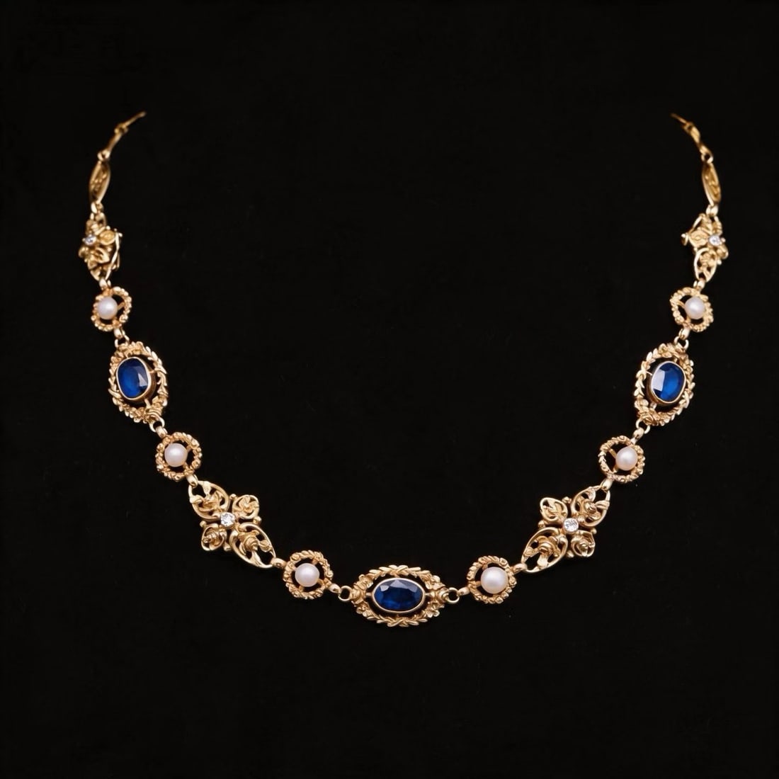 Art Nouveau 18K gold wild pearl sapphire necklace: Weight: 21.9 g, bracelet length: 19 centimeters, necklace length: 38 centimeters