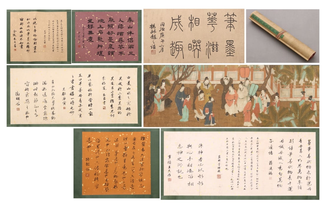 Li Zhaodao (c. 675-741) of the Tang Dynasty, Picture of Emperor Minghuang Cuju.: Long:500cm(196.85in), Width:45cm(17.72in)Handscroll combining ancient figure painting and various calligraphic colophons. The figure scene is painted in colour on aged silk, depicting an elegant gathe