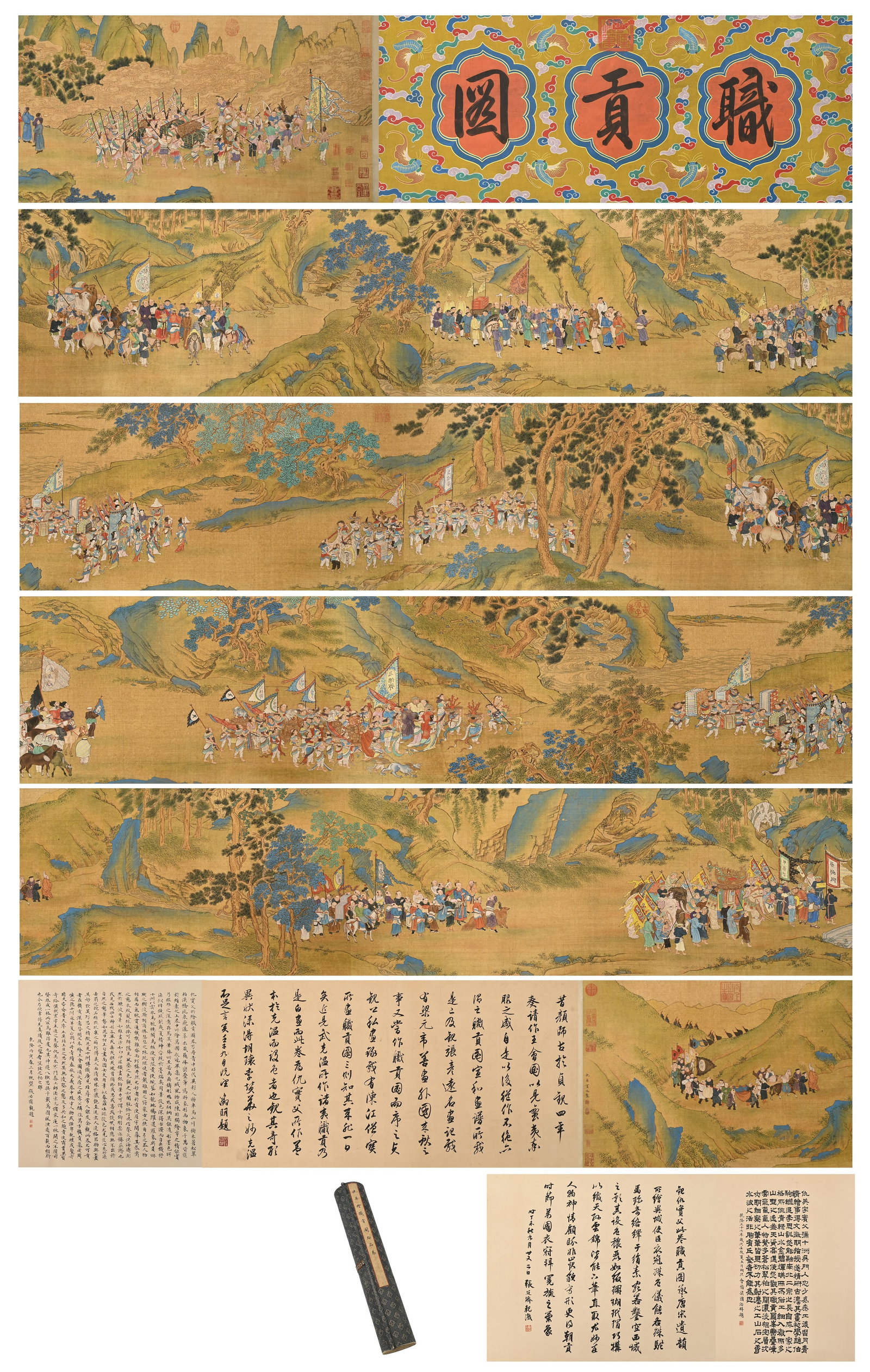 Qiu Ying of the Ming Dynasty (c. 1498-1552) painted a rare scroll of workers' paintings: Long:1245cm(490.16in), Width:47.5cm(18.70in)Handscroll Tribute Bearers, attributed to Qiu Ying, green-and-gold colour on silk.Qiu Ying was one of the Four Masters of the Wu School in the Ming Dynasty,