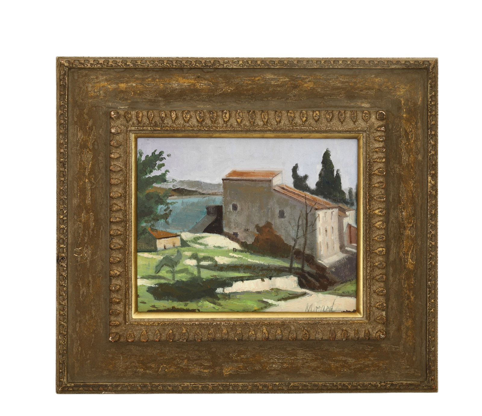 Giorgio Morandi (Italy 1890-1964) Oil on canvas: H:20cm (7.87in) W:25cm (9.84in) H:39cm (15.35in) W:45cm (17.72in)The work retains original canvas and period frame with natural signs of age. The painting surface is clean and stable, without visible 
