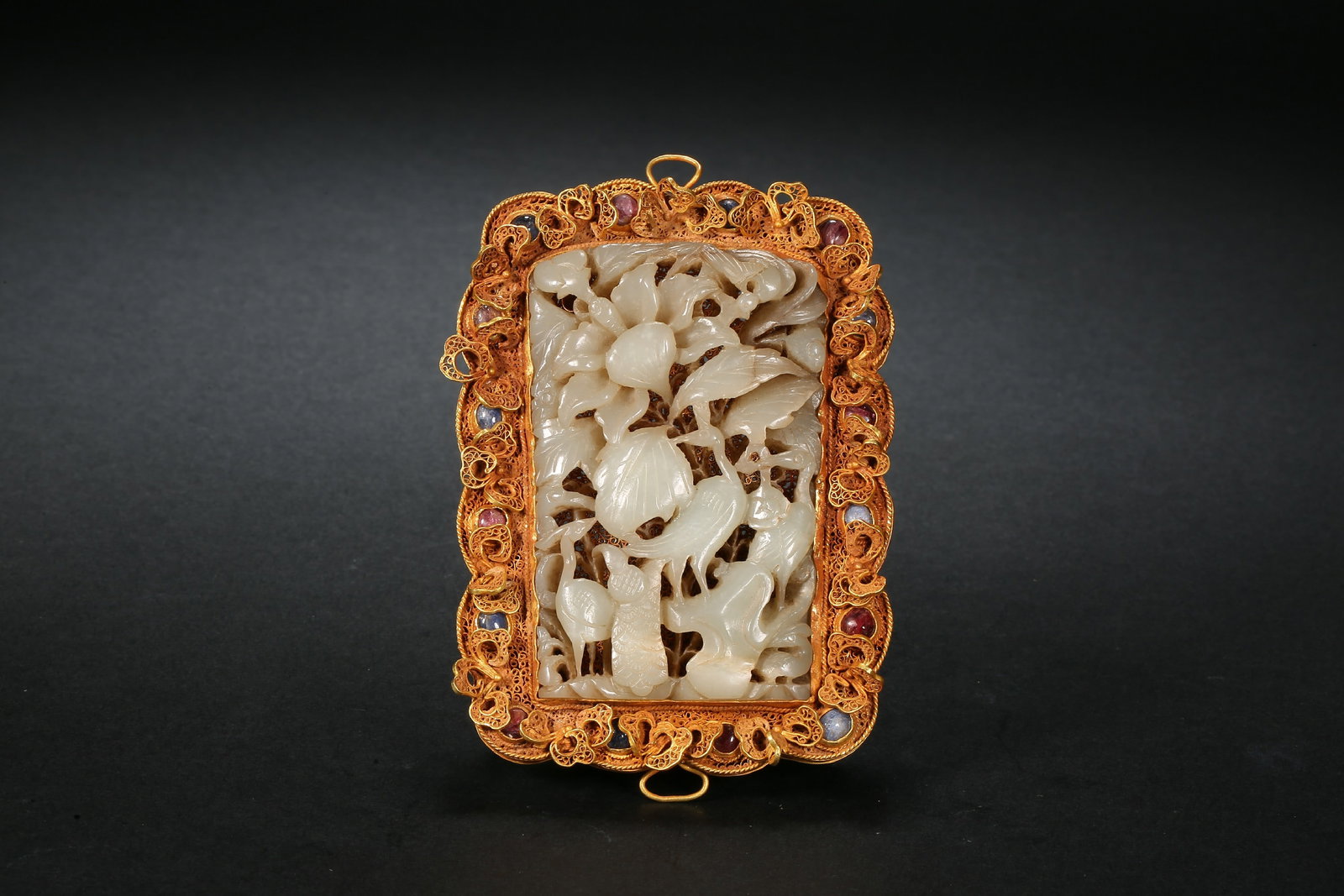 Before the Ming Gold filigree Hetian jade plaque: H11cmW8cm Weight181g