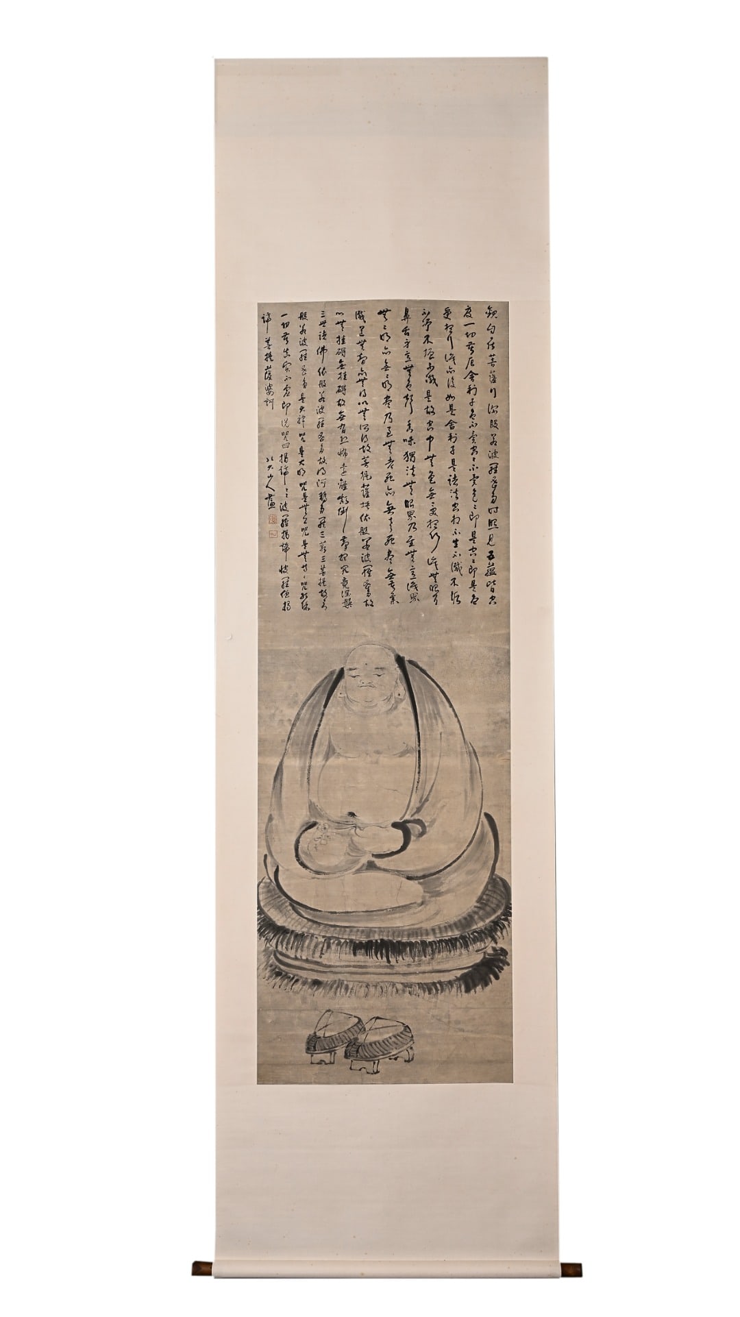 Bada Shanren (1626-1705) painted and inscribed the Heart Sutra: Height:185cm(72.83in), Width:57cm(22.44in)Hanging scroll, ink on paper, Budai Maitreya painted by Bada Shanren.The upper section fully transcribed the Heart Sutra in cursive script. The figure of Mait