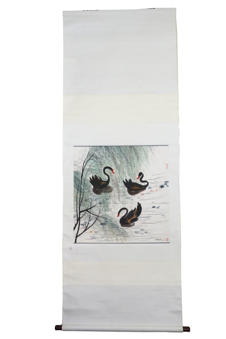 Wu Guanzhong (1919-2010) Black Swan: Long:67cm(26.38in), Width:67cm(26.38in)Vertical scroll of Black Swans by Wu Guanzhong, ink and colour on paper, dated 2000. Wu Guanzhong was a master merging Chinese ink art and Western painting aesth