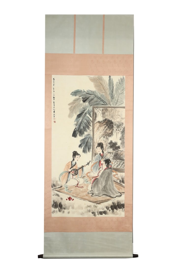 Fu Baoshi (1904-1965) Scroll of Lady in the Banana Grove: Height:138cm(54.33in), Width:69cm(27.17in)Hanging scroll, ink and colour on paper, painted by Fu Baoshi in 1960.Three ancient ladies gather for music under banana leaves; one plays ruan while others l