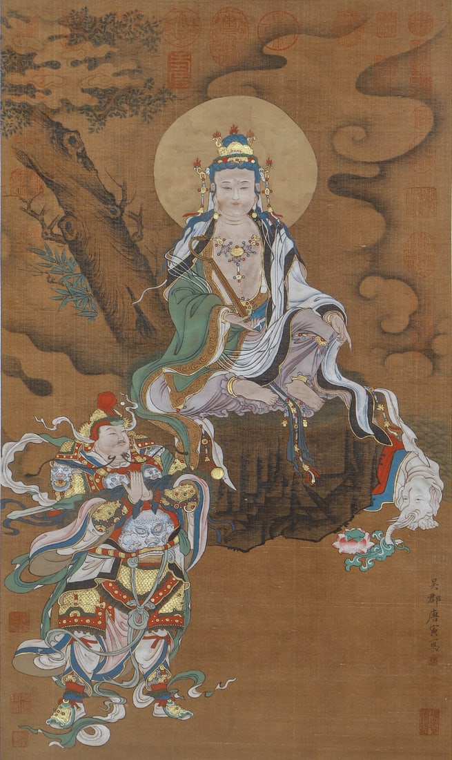 Ming Tang Yin (1470-1524) Buddha and Bodhisattva Images: Height:87cm(34.25in), Width:50.5cm(19.88in)Hanging scroll, heavy colour on silk, attributed to Tang Yin.Samantabhadra Bodhisattva sits upon rocks holding ruyi, accompanied by white elephant carrying l