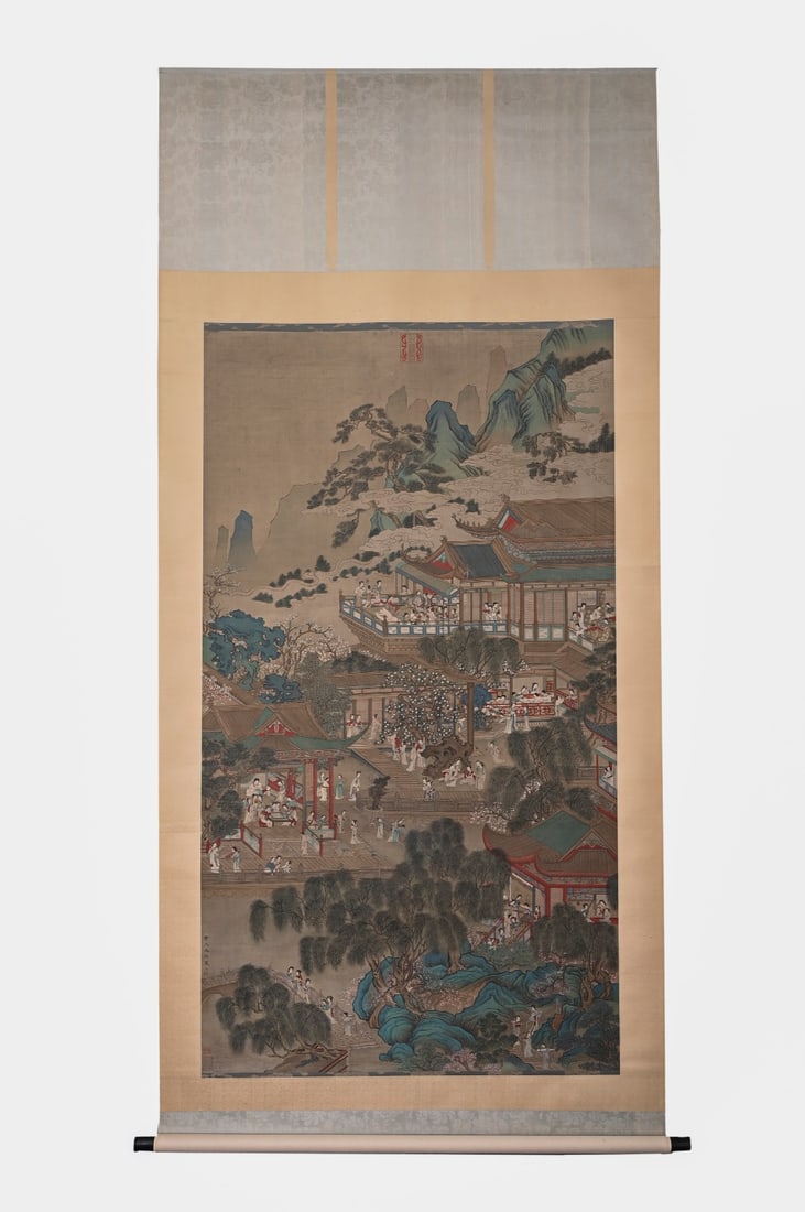 Qiu Ying of the Ming Dynasty (c. 1498-1552), "Spring Morning in the Palace Garden": Height:206cm(81.10in), Width:104cm(40.94in)Vertical hanging scroll, colour painting on silk.A classic jiehua (architectural painting) work, depicting magnificent pavilions, terraces and numerous