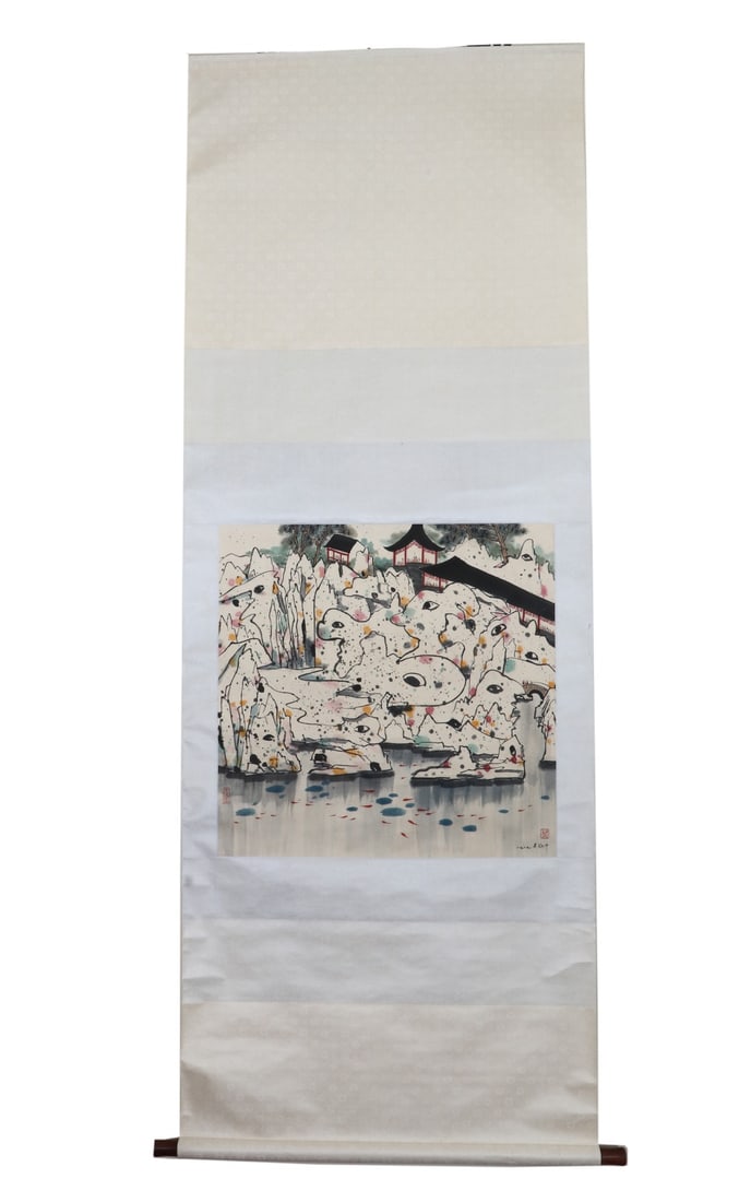 Wu Guanzhong (1919-2010) color Ink Painting of Garden Stones on paper, vertical scroll: Long:67cm(26.38in), Width:67cm(26.38in)Hanging scroll, colour and ink on paper, by Wu Guanzhong, dated 1989.Subject: Jiangnan classical garden with Taihu rocks and pavilions. Representative work of Wu