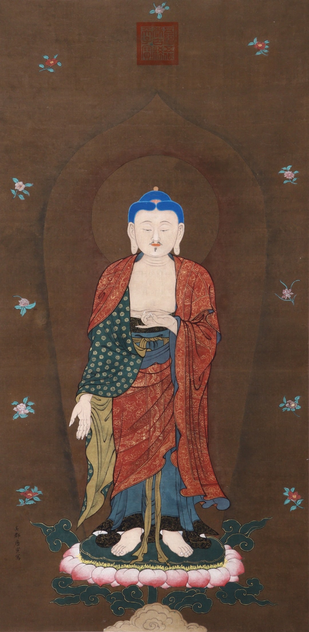 Ming Tang Yin (Biography)(1470-1524) Standing statue and scroll of Sakyamuni Buddha: Height:121cm(47.64in), Width:59cm(23.23in)Hanging scroll, colour painting on silk, attributed to Tang Yin. Standing portrait of Shakyamuni Buddha. The Buddha stands on lotus throne, making symbolic mu