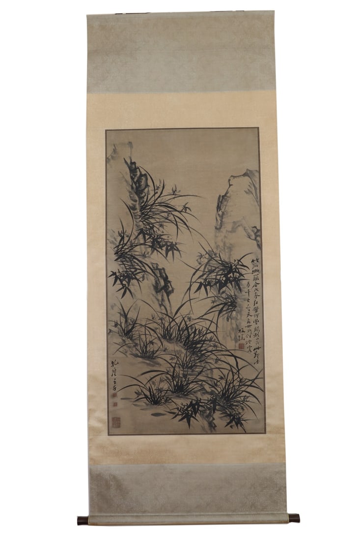 Qing Zheng Banqiao (1693-1765) Ancient and Serene Orchid Scroll: Long:136cm(53.54in), Width:68cm(26.77in)Hanging scroll, ink on paper, attributed to Zheng Banqiao. Painted orchids, bamboo and rocks. Inscribed poem and dated Qianlong Renzi year. Zheng Banqiao is one