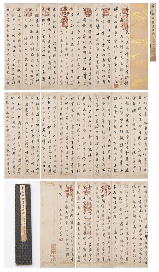Dong Qichang of the Ming Dynasty (1555-1636) on Painting Calligraphy Album: Height:39cm(15.35in)Album of running script by Dong Qichang, essays on painting and calligraphy. Formerly collected by Zhang’s Baoshuitang, Nanpi, Hebei. The calligraphy bears Dong’s characteristi