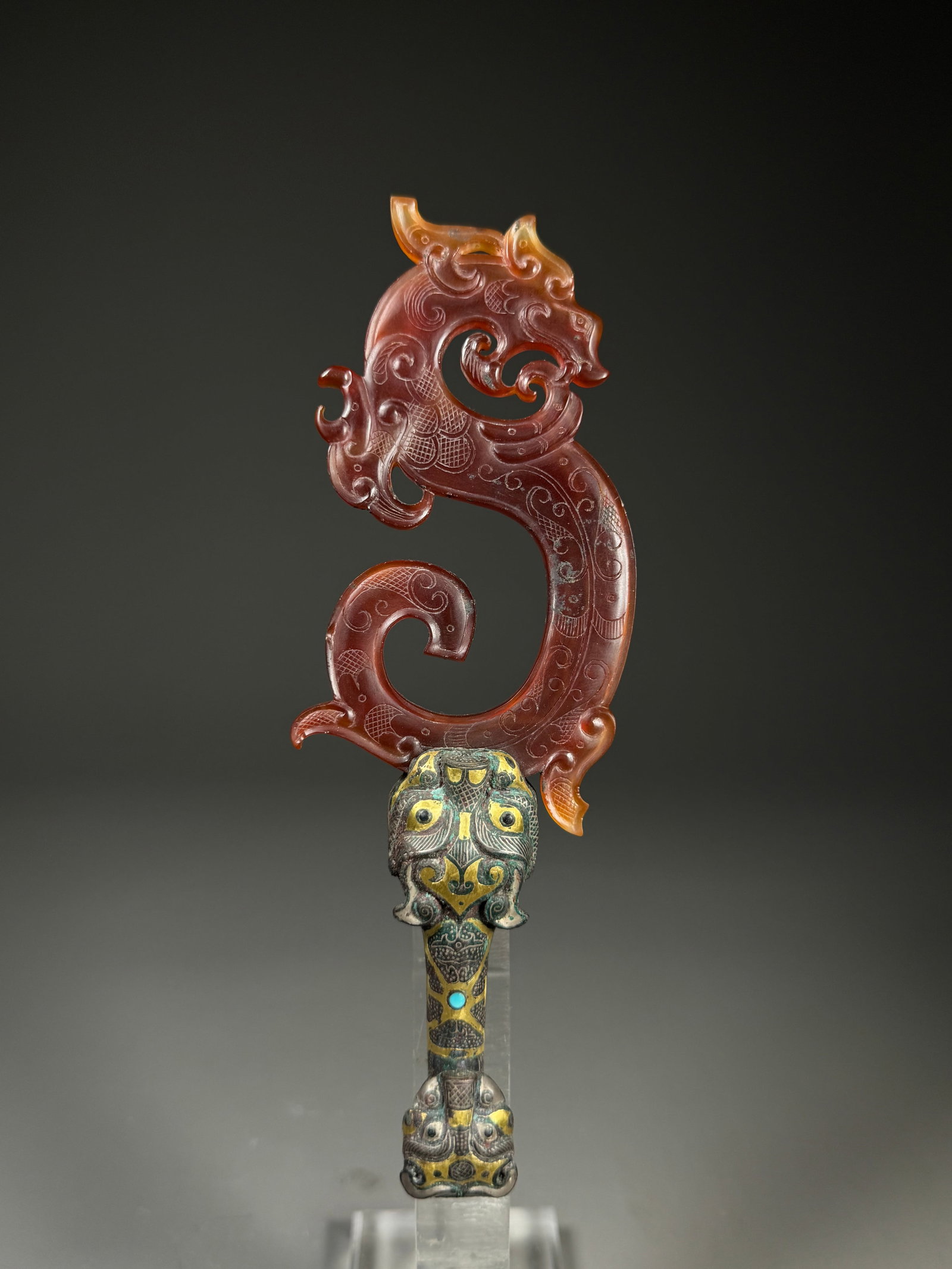Warring States Period Agate S Dragon Inlaid gold and silver inlaid turquoise Bronze Belt hook (1 of 5)