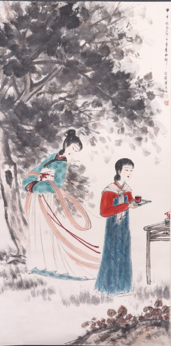 Fu Baoshi (1904-1965), "A Picture of a Side Ear with Affection": Height:138cm(54.33in), Width:69cm(27.17in)Vertical scroll, ink and color on paper, by Fu Baoshi.Dated 1944, executed during his famous Jin Gang Po creative period in Chongqing. Features two ancient-st