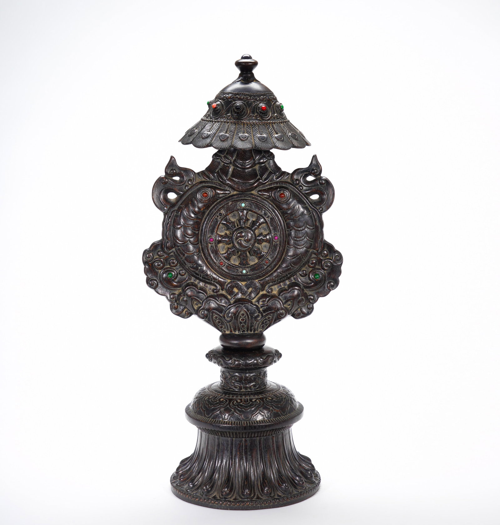 Qing Dynasty rosewood Dharma wheel offering vessel: Height:50cm(19.69in), Width:22cm(8.66in), Weight:950g (2.094lb)Zitan Inlaid Auspicious Buddhist Symbol Group Ornament (Combination of Parasol, Twin Fish & Dharma Wheel)Carved from solid fine zitan woo
