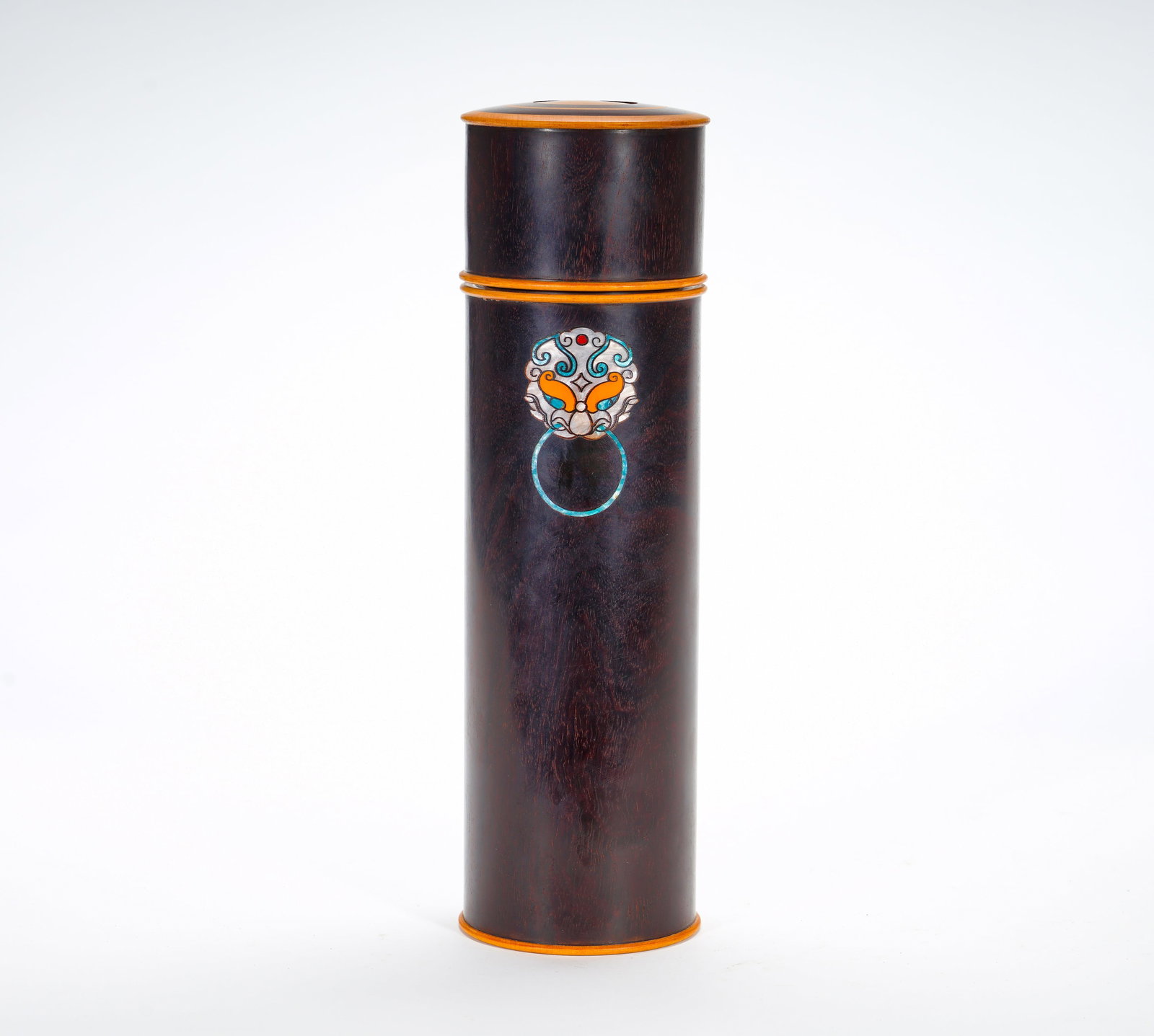 Qing Dynasty incense tube made of rosewood inlaid with boxwood inlaid with mother-of-pearl: Height:25cm(9.84in), Diameter:8cm(3.15in), Weight:700g (1.543lb)Zitan Incense Cylinder Inlaid with Boxwood and Mother-of-Pearl, Taotie Beast Head Knocker MotifTurned from solid zitan wood into an eleg