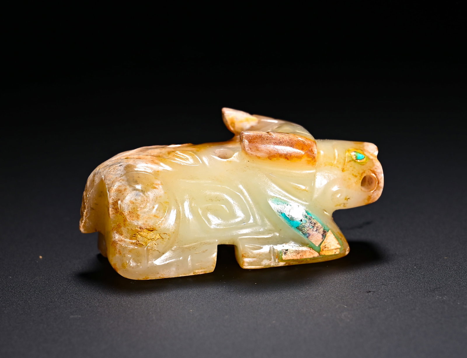 Shang and Zhou Hetian jade pendant with turquoise reclining bull (1 of 10)