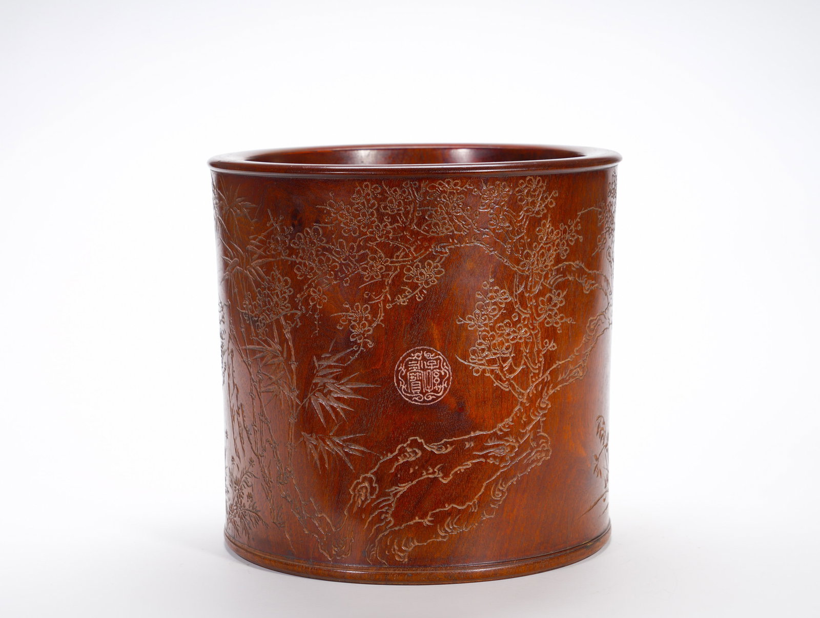 Qing Dynasty Huanghuali intaglio pen holder for the poetry and prose of the Four Gentlemen: Height:24cm(9.45in), Width:25.5cm(10.04in), Weight:3550g (7.826lb)Large Huanghuali Brush Pot with Incised Four Gentlemen and Poem InscriptionsHollowed integrally from a single trunk of huanghuali timb