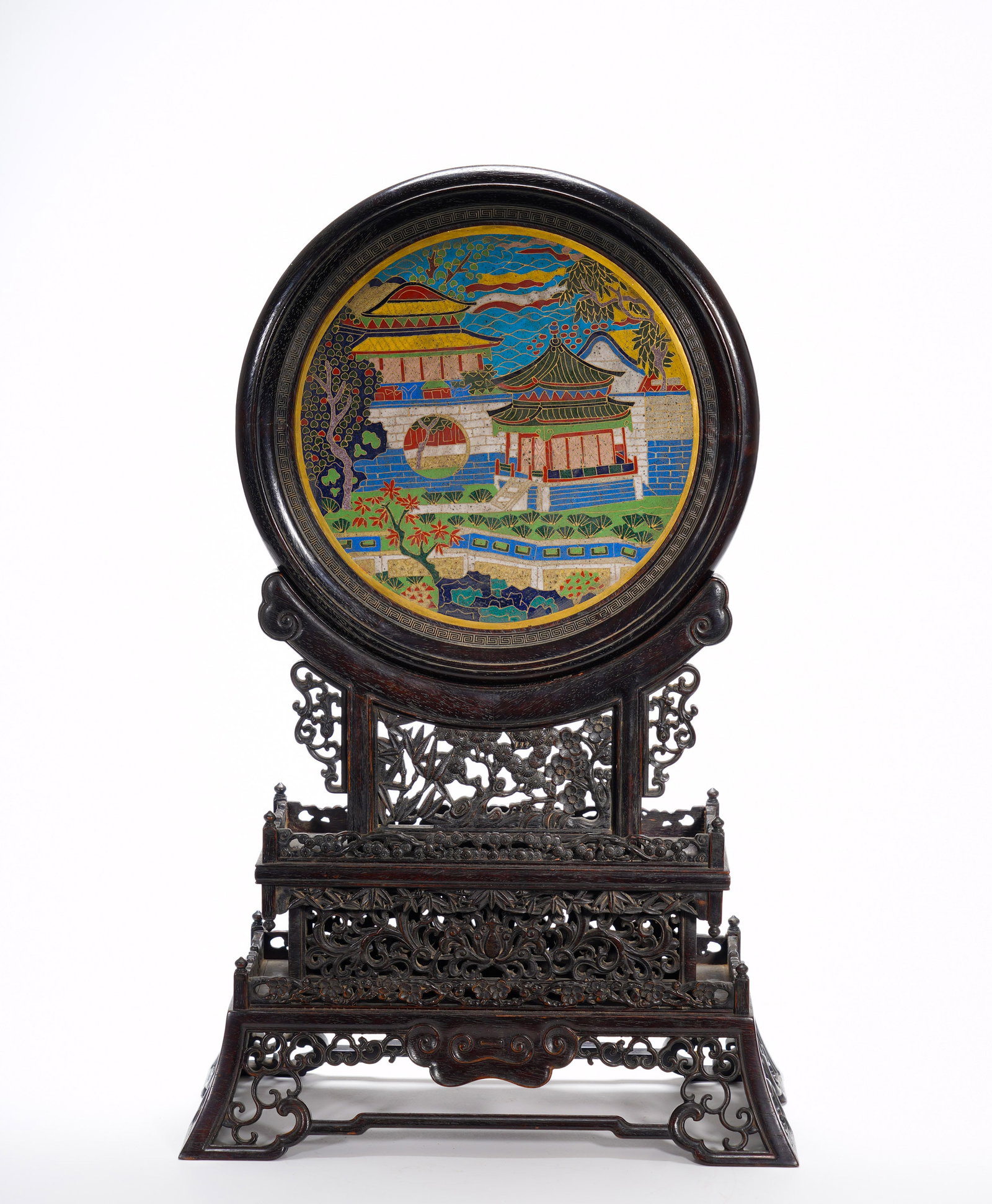 Qing Dynasty rosewood base cloisonne enamel screen: Height:56cm(22.05in), Width:35cm(13.78in), Weight:2630g (5.798lb)Circular Table Screen with Cloisonné Pavilion Landscape and Zitan StandThis circular table screen features a cloisonné panel set with