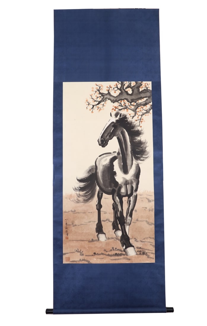 Xu Beihong (1895-1953) Galloping Horse: Height:138cm(54.33in), Width:68cm(26.77in)Hanging scroll, ink and color on paper, by Xu Beihong.Dated 1943, the prime period of his horse paintings. Integrating Western anatomical understanding with C
