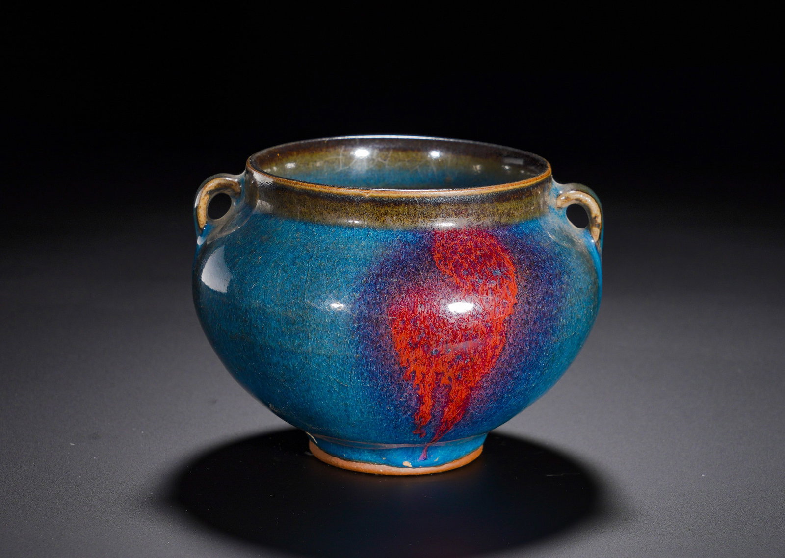 Song Dynasty Jun Kiln rose Purple spotted double-line jar: Height:8cm(3.15in), Diameter:11.5cm(4.53in), Weight:350g (0.772lb)Junyao Sky-Blue Glazed Jar with Rose-Purple Splash and Two LugsThis jar has a short neck, full rounded belly and a pair of symmetrical